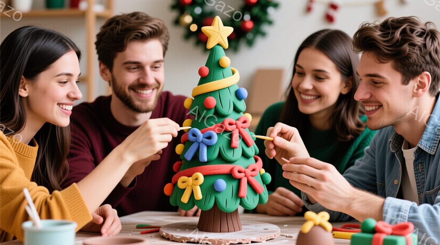 4人の若い男女が、緑色の粘土で作られたクリスマスツリーをデコレーションしている様子が写っている。女性は黄色いセーターを着ており、男性はデニムシャツを着ている。皆笑顔で、クリスマスの飾り付けを楽しんでいる様子が伝わってくる。