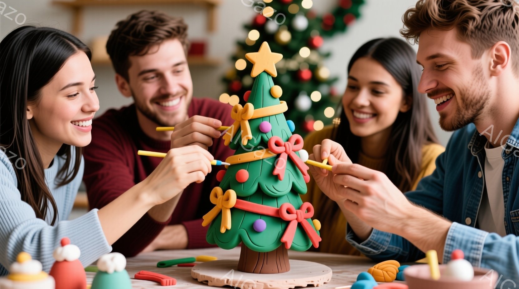 四人の若い男女が、クリスマスのオーナメントを制作している様子が写っています。女性はセーターを着ており、男性はそれぞれ赤いシャツとデニムジャケットを着ています。彼らは笑顔で、粘土で作られたクリスマスツリーに色を塗ったり、装飾を付けたりして楽しんでいます。