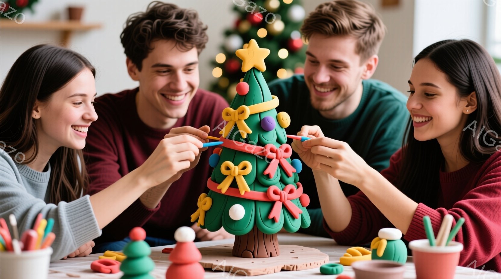 二人の女性と二人の男性が、粘土で作られたクリスマスツリーを飾り付けている様子が写っている。皆、笑顔で楽しんでおり、クリスマスの準備に熱中している雰囲気が伝わる。背景には、他の粘土で作られた飾りや、ぼやけた暖炉が見え、温かく家庭的な雰囲気が漂っている。