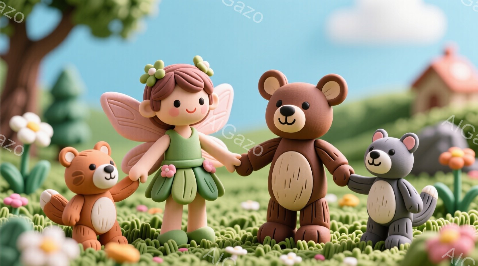 緑の芝生の上で、妖精の女の子と３匹のテディベアが手をつないで並んでいます。妖精は緑のドレスと羽、巻き毛の髪型をしており、笑顔で優しい表情です。背景には、可愛らしい家、木々、そして青い空が見え、全体的に - AI生成フリー素材
