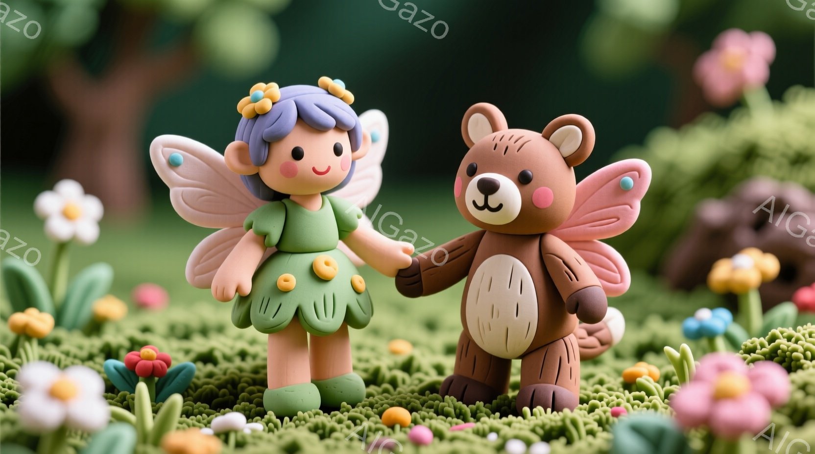 妖精のような少女とクマのぬいぐるみが手をつないで緑豊かな草原に立っています。少女は紫色の髪に花飾りをつけて、緑色のドレスを着ています。背景にはさまざまな色の花やキノコが生い茂り、可愛らしい雰囲気のファンタジー世界が広がっています。