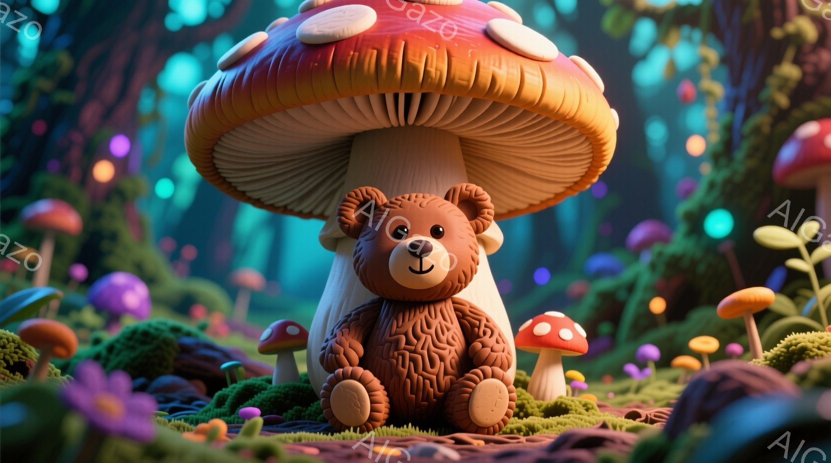 鮮やかな色彩のキノコが生い茂る幻想的な森の中で、茶色のテディベアが大きなキノコの傘の下に座っています。ベアは愛らしい表情で、丸い体と大きな足が特徴的です。背景には様々な色や形のキノコが密集し、緑色の苔 - AI生成フリー素材
