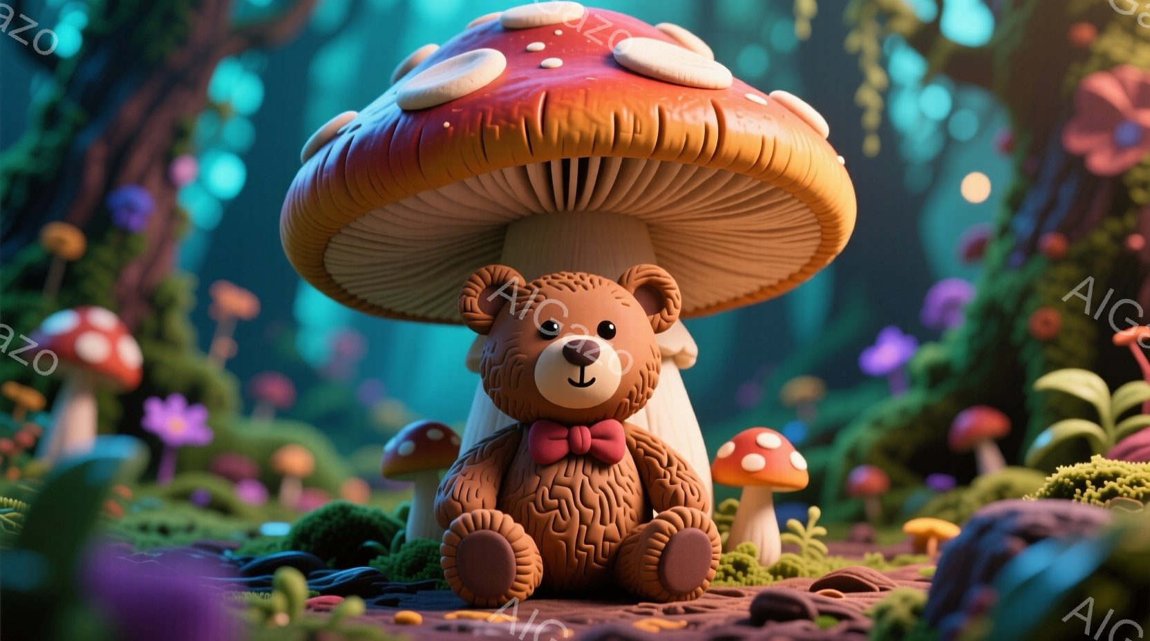 茶色のテディベアが、大きな赤いキノコの傘の下に座っています。赤いリボンを首に巻き、穏やかな表情でこちらを見ています。背景には様々な色のキノコが生い茂り、緑豊かな自然の中に幻想的な雰囲気が漂っています。 - AI生成フリー素材