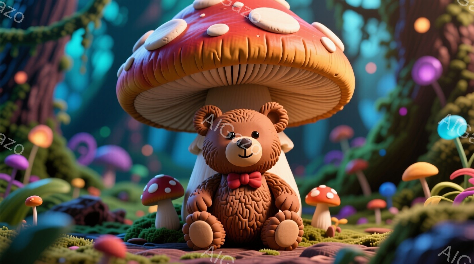 鮮やかなキノコの森の中に、茶色のテディベアが座っています。赤い蝶ネクタイをつけ、穏やかな表情で、大きなキノコの傘の下でリラックスしています。背景には、さまざまな色とりどりのキノコが生い茂り、幻想的で可愛らしい雰囲気を作り出しています。