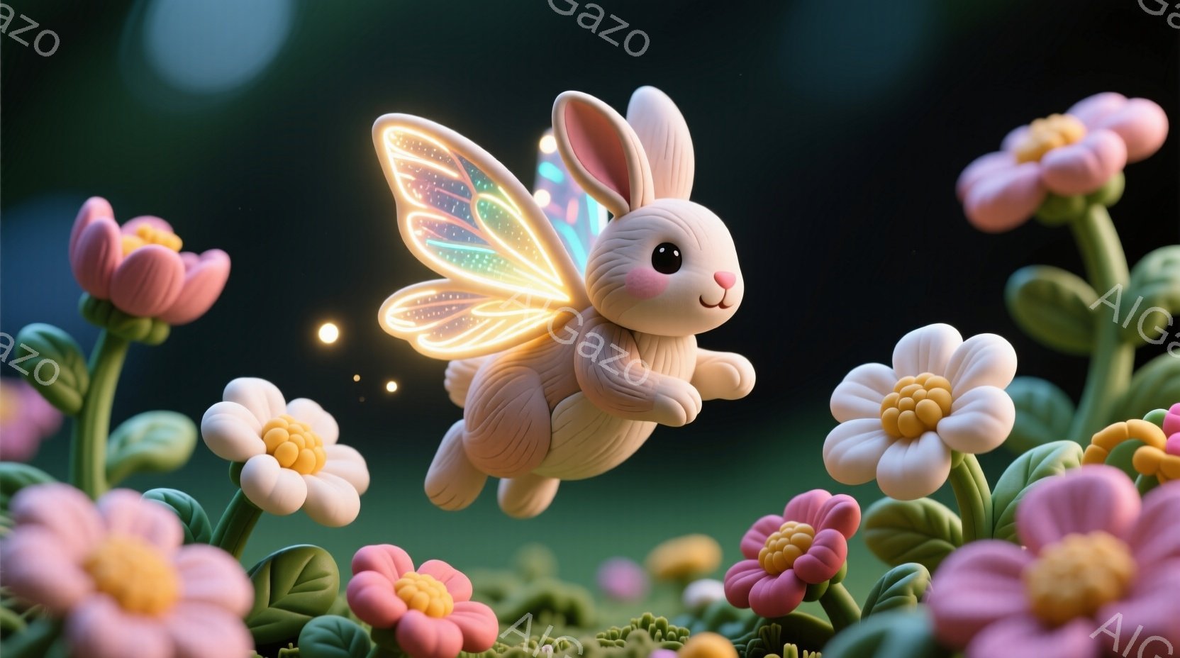 この、小さなライトパックを持ったチーズキャラクターが描かれています。彼女はピンクと白でカラフルな花の間を飛び跳ね、その動作から積極的で元気な印象があります。 彼女の表情は小さく可愛いものに見え、彼女の - AI生成フリー素材