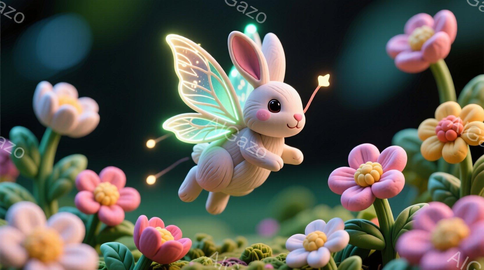 ふわふわとした白いウサギが、透明感のある緑色の羽をつけて空中で飛び跳ねています。周りにはピンクや黄色の可愛らしい花々が咲き乱れ、キラキラと光る小さな光の玉が舞っています。全体的に暖かく、夢幻的で、遊び心溢れる雰囲気です。