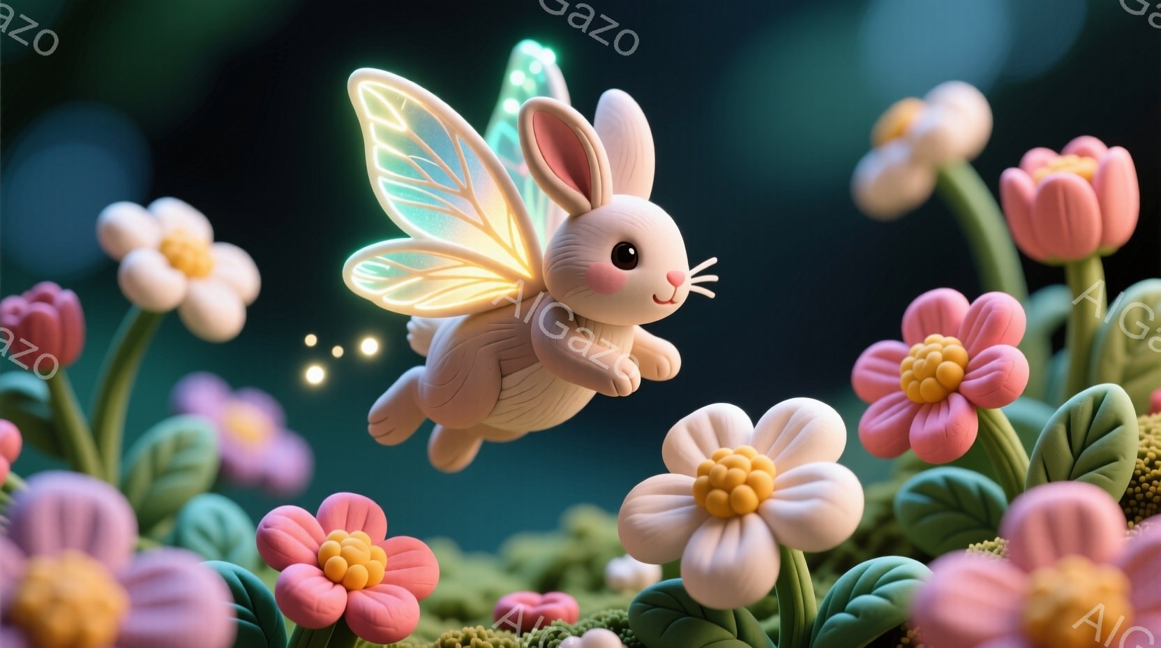 フェアリーテーマのデザインです。中央にある小さな白雪姫のような姿勢をとるラビィが、大きな翼を持ち、花々の上空を飛んでいます。ラビィは、青色の魔法の杖を持っており、その表情は幸せで純真です。背景は夜になることを示唆する星や月が光り、花々の下に位置しています。雰囲気は夢のようであり、幻想的な全体像が形成されています。