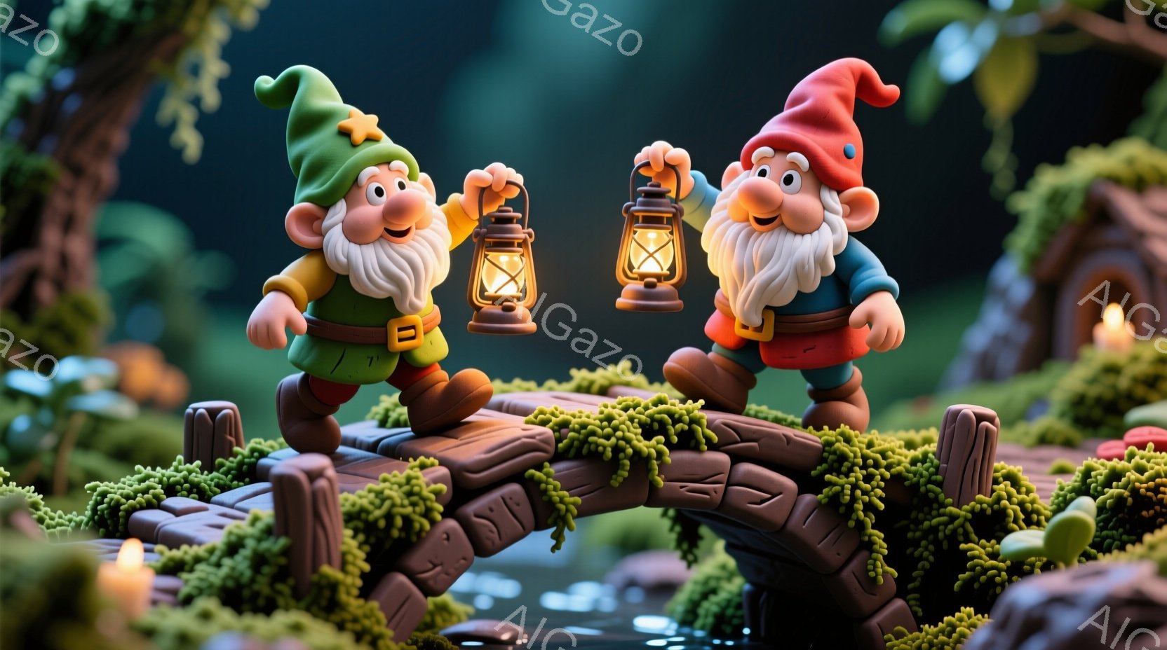 緑と赤の服を着た二人の小人が、苔むした丸太橋の上を歩いています。彼らはそれぞれ提灯を持ち、笑顔で前を見つめており、穏やかで幻想的な雰囲気です。背景には水面と緑豊かな植物が見え、夜の静けさと暖かさを感じ - AI生成フリー素材