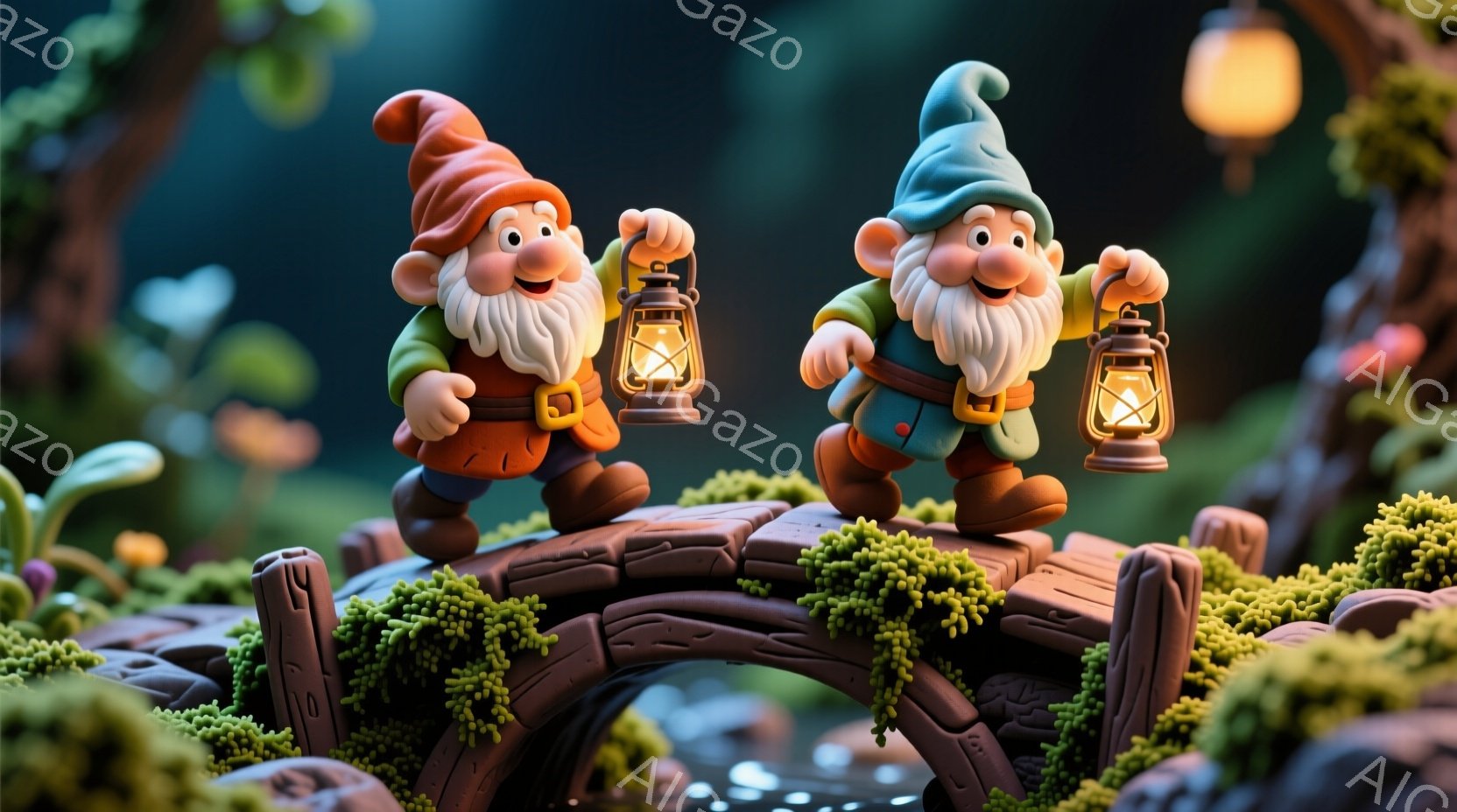 橋の上に立つ2人の愛らしい小人たちが描かれています。彼らは赤い帽子と青い服を着ており、豊かな白い髭を生やし、楽しそうな表情をしています。橋は苔で覆われ、背景には暗い森とぼんやりとした光がぼんやりと見え - AI生成フリー素材