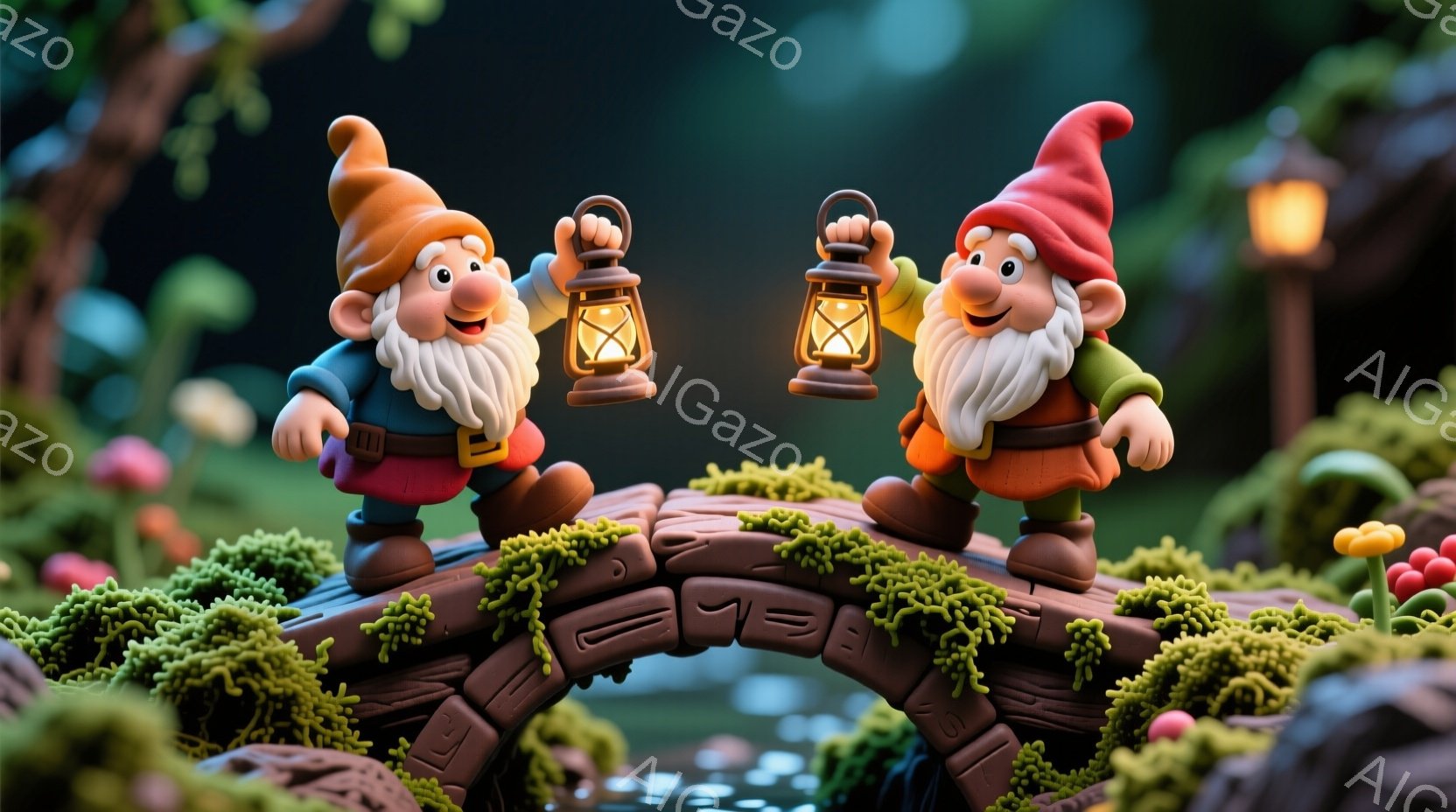 2人の小人が苔むした石橋の上で、それぞれ提灯を持って立っています。彼らは赤い帽子と青い服を着ており、にっこりとした笑顔で、楽しそうな表情をしています。背景には緑豊かな自然と小さな建物があり、夜の幻想的 - AI生成フリー素材