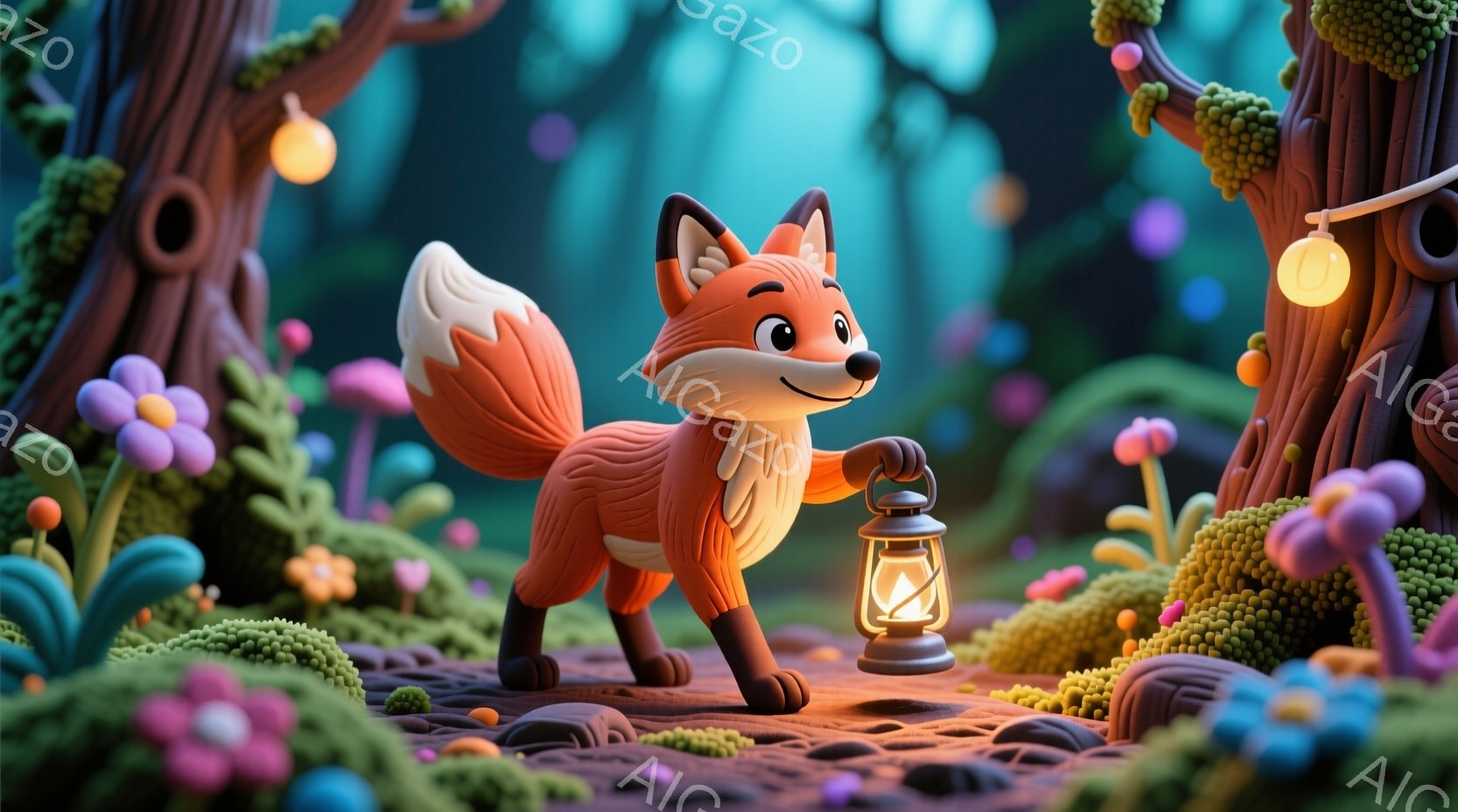 鮮やかなオレンジ色のキツネが、小さな提灯を持って森の中を歩いています。キツネは笑顔で、丸みを帯びた体とふさふさの尻尾が特徴的です。背景には、カラフルなキノコや苔が生い茂る木々があり、ファンタジーのよう - AI生成フリー素材