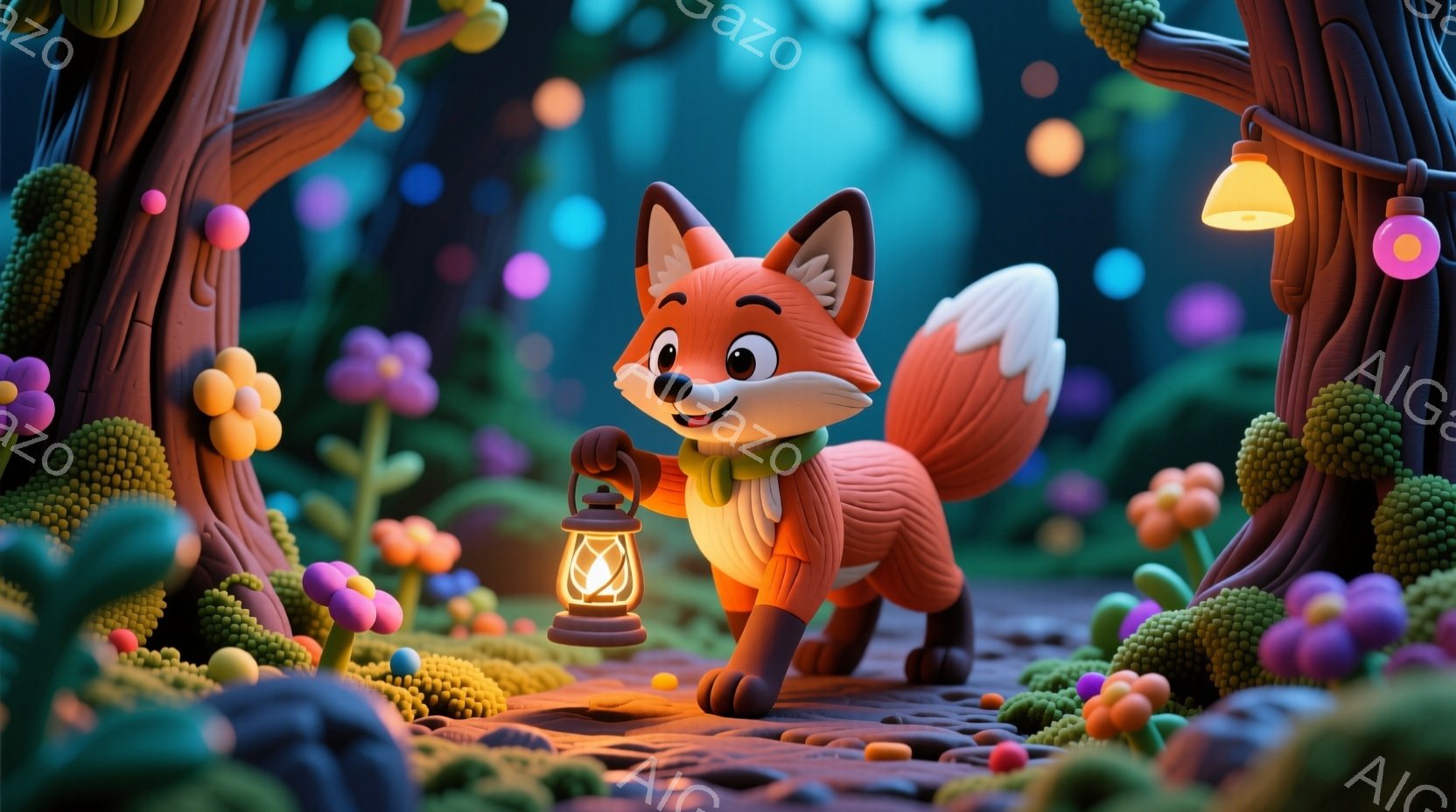 明るいオレンジ色のキツネが、緑色の首輪と小さな提灯を持って森の中を歩いている。背景には、カラフルなキノコや丸みを帯びた木々が生い茂り、夜の森を幻想的に照らしている。全体的に暖かく、遊び心のある雰囲気で - AI生成フリー素材