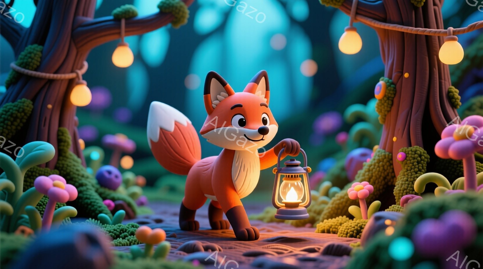 明るいオレンジ色のキツネが、温かい光を放つランタンを持って森の中を歩いています。キツネは笑顔で、好奇心に満ちた表情で前を見つめています。背景には、カラフルなキノコや木々が生い茂り、幻想的で遊び心のある - AI生成フリー素材