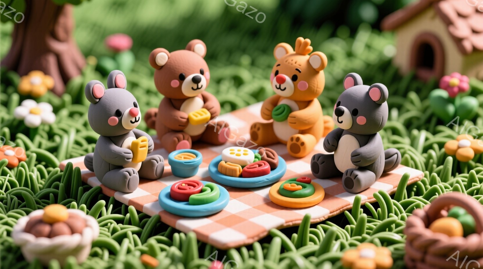 可愛らしいクマの置物が、ピクニックを楽しんでいる様子が描かれています。緑色の芝生の上に赤いチェックの敷物が敷かれ、クマたちはそれぞれお皿に盛られた食べ物を手に持ったり、見つめたりしています。背景には、可愛らしいコテージや花が咲き乱れる自然があり、暖かく穏やかな雰囲気を醸し出しています。