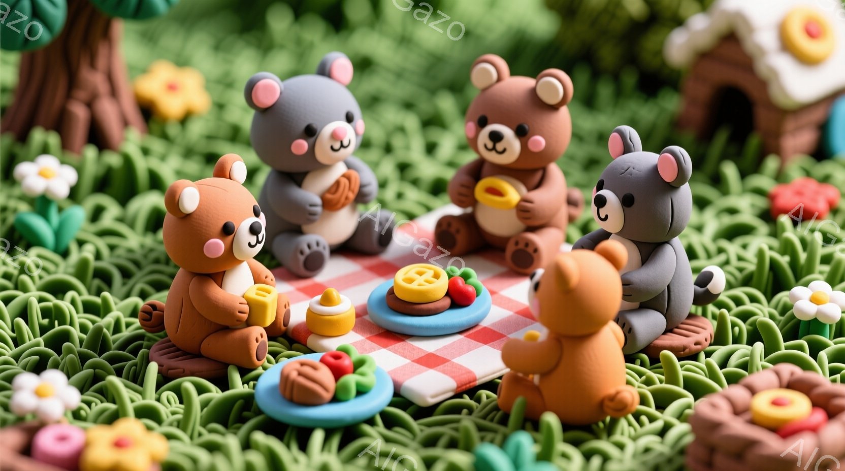 緑色の草の上に赤いチェックのピクニックシートが広げられ、その周りに可愛らしいクマの置物が集まっています。クマたちはそれぞれ小さな食べ物（ハンバーガーや焼き魚、フルーツ）を手に持ったり、見つめたりしており、楽しそうなピクニックの風景が表現されています。背景には、花やキノコ、小さな家が見え、暖かい春の陽気が感じられる、可愛らしい雰囲気のジオラマです。