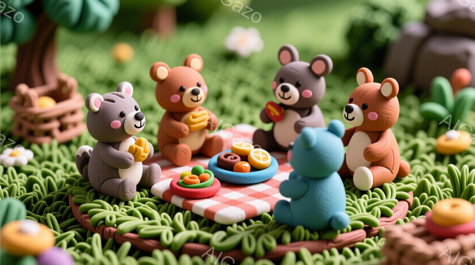 可愛らしいクマの置物が、赤いチェックのピクニックシートを囲んで食事を楽しんでいます。背景には緑豊かな草地と、小さなキノコや花が点在し、暖かく穏やかな雰囲気を醸し出しています。クマたちはそれぞれ異なる色の毛並みで、満面の笑みを浮かべ、幸せなひとときを表現しています。