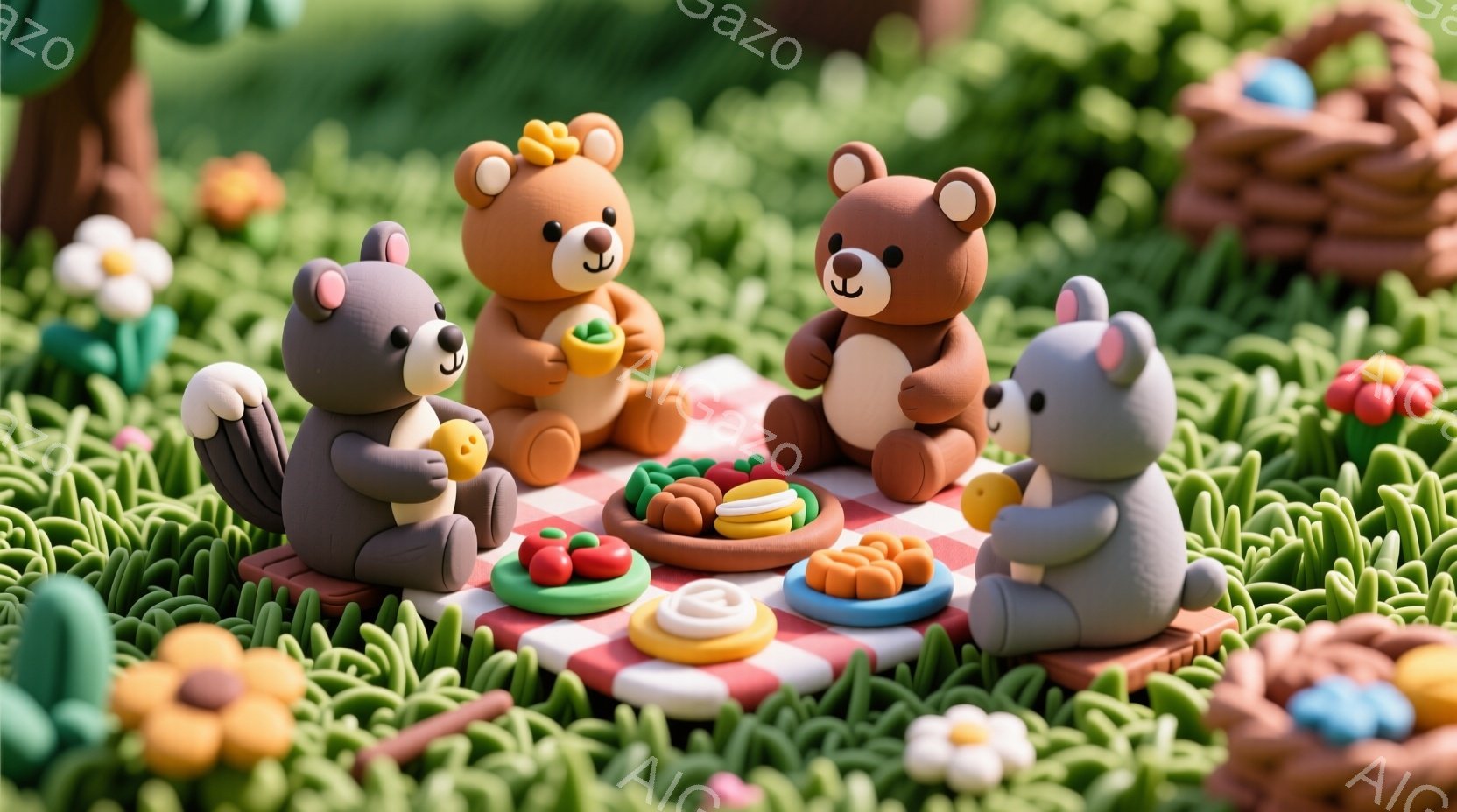 粘土で作られた可愛らしい動物たちがピクニックを楽しんでいる様子が描かれています。茶色やグレーのクマ、リスがチェック柄の布の上に座り、小さなプレートに入った食べ物を囲んでいます。背景には緑の草、カラフルな花、手編みのバスケットがあり、暖かく穏やかな雰囲気を醸し出しています。