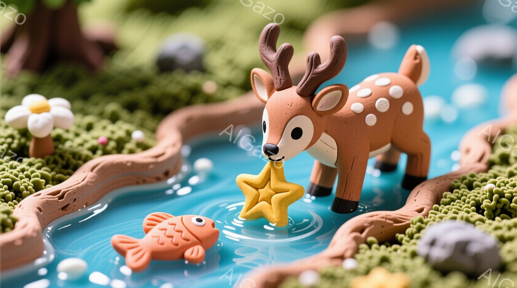 粘土で作られた可愛らしい風景です。茶色い斑点のある小さな鹿が、黄色い星形のオブジェクトを口にくわえ、青い川のそばに立っています。背景には緑色の芝生、茶色の土手、そして水中にオレンジ色の魚が泳いでおり、全体的に温かく優しい雰囲気です。