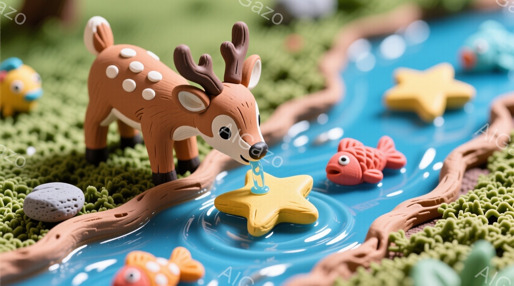 粘土で作られたように見える可愛らしい鹿が、青い水の流れに浮かぶ黄色い星に鼻を突っ込んで水を飲んでいます。背景は緑色のテクスチャード加工の地面と、様々な色の小さな粘土の魚やその他の装飾で飾られており、全体的に明るく、おとぎ話のような雰囲気が漂っています。水の流れは、鹿の周りに曲線を描いており、遊び心のある、魅力的なシーンを作り出しています。