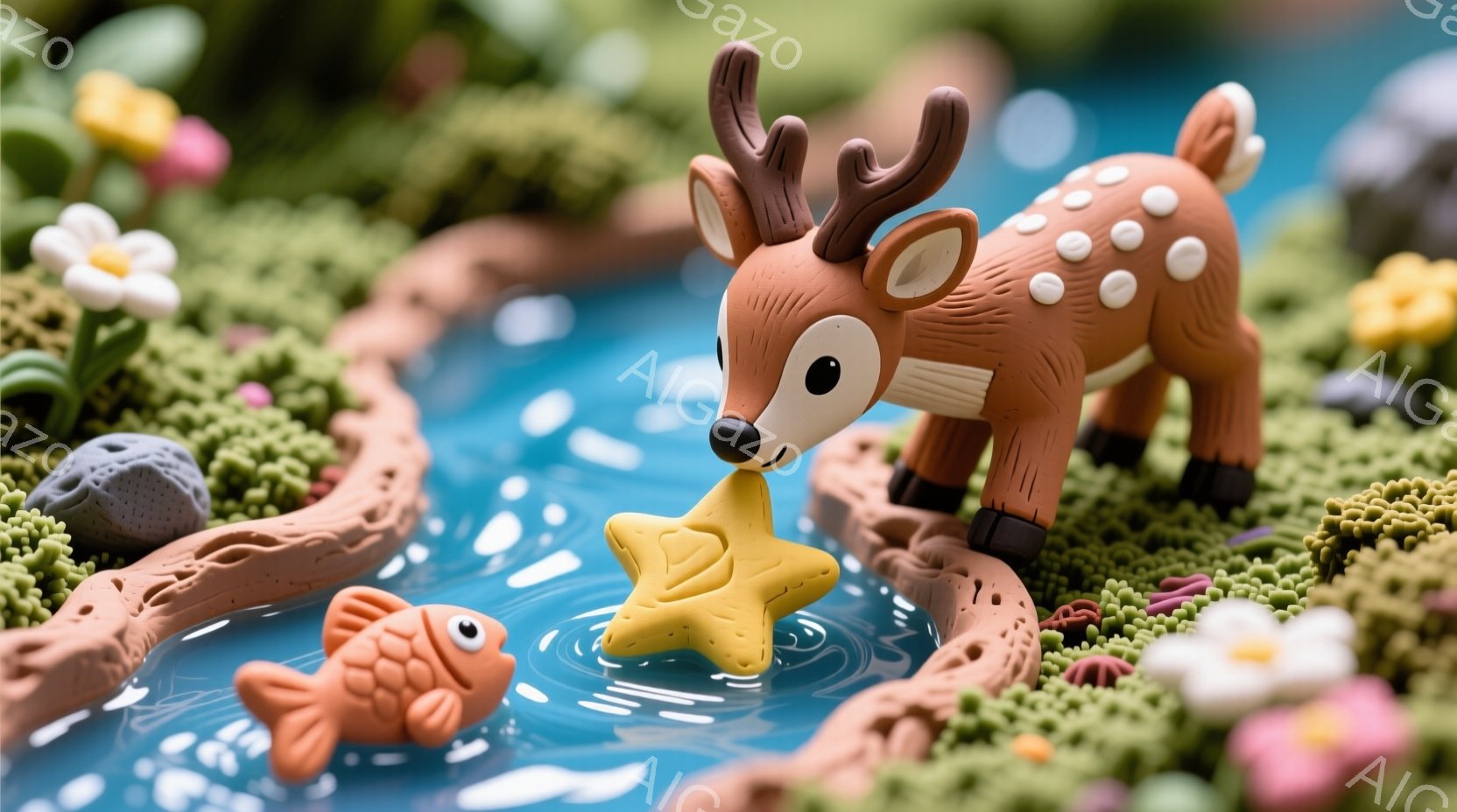 粘土で作られた可愛らしいジオラマです。小川の近くで、鹿が水面に浮かぶ星形のクッキーを口でつかもうとしており、その下にはオレンジ色の魚が泳いでいます。背景には緑色の草むらや、小さな花々が咲き乱れ、牧歌的で温かい雰囲気を醸し出しています。