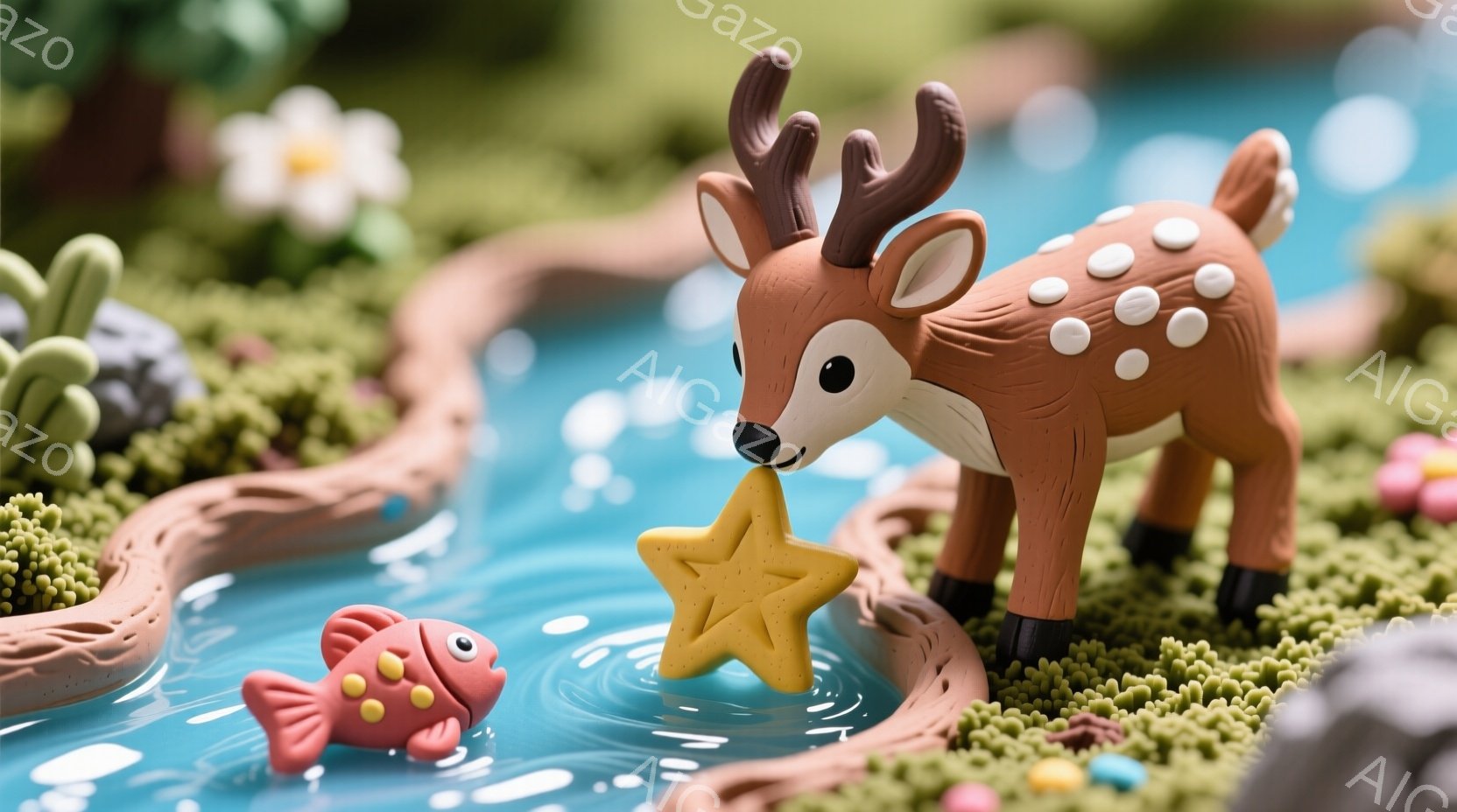 緑色の粒々とした地面と青い水面が広がる、可愛らしいジオラマの風景です。茶色の体に白い斑点のある子鹿が、水面に浮かぶ金色の星形のお菓子を口に入れようとしています。水面には赤い魚が泳ぎ、背景にはカラフルな花や岩が配置され、遊び心あふれる温かい雰囲気が漂っています。