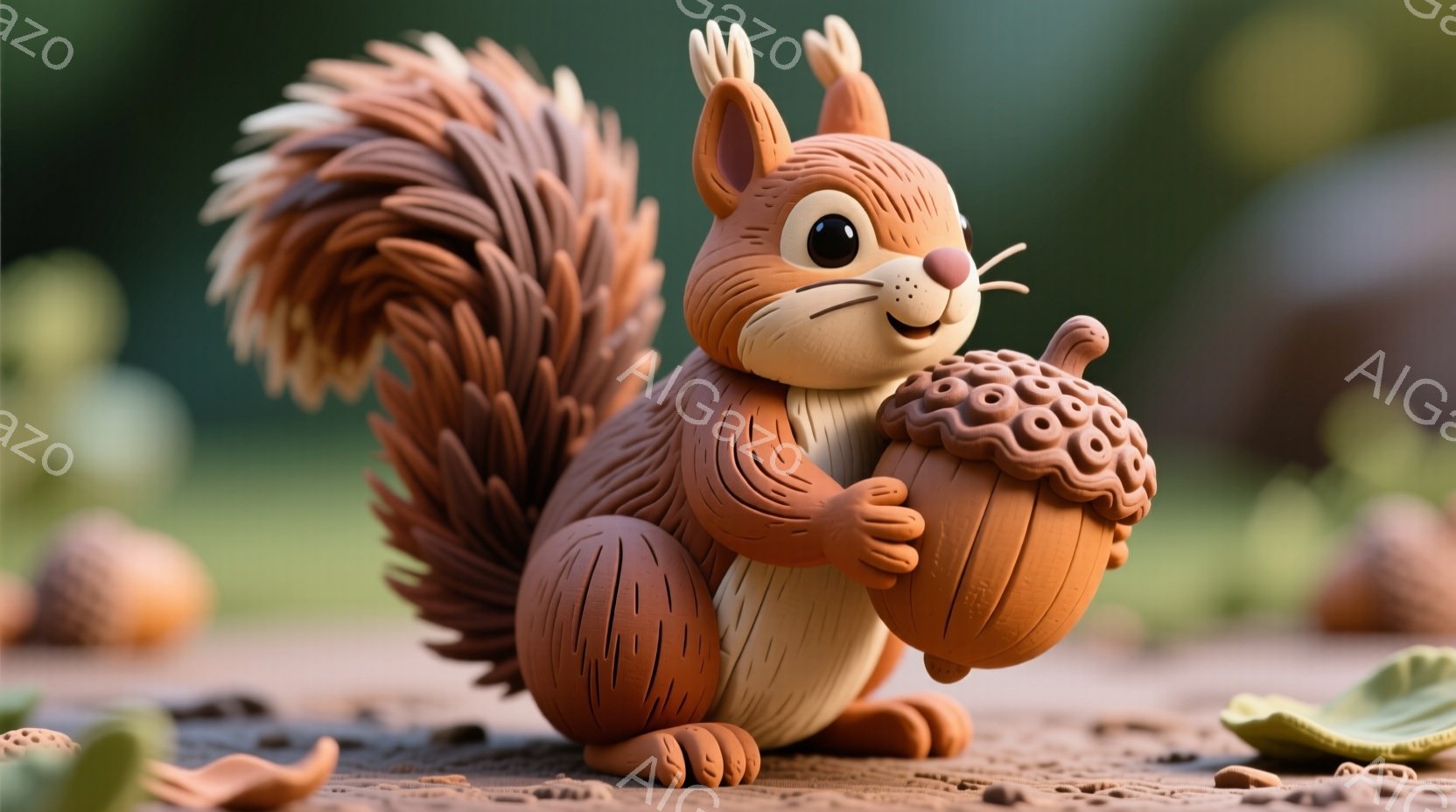 鮮やかなオレンジ色のリスが、大きなドングリを抱えています。その体は滑らかな質感で表現され、丸みを帯びたフォルムとふさふさとした尻尾が特徴的です。背景には緑色のぼかしとドングリが点在しており、温かく穏やかな雰囲気を醸し出しています。