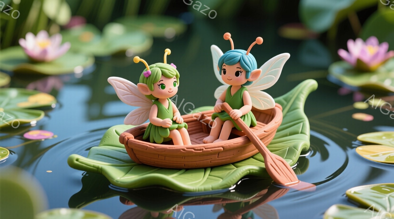 鮮やかな緑色の水面に、2人の妖精が大きなスイレンの葉で作られた小さなボートに乗って座っています。彼女たちは緑色のドレスを着ており、片方の妖精は茶色の髪、もう片方は青い髪をしています。彼女たちは穏やかな表情で、片方が小さなオールを使ってボートを漕いでいます。