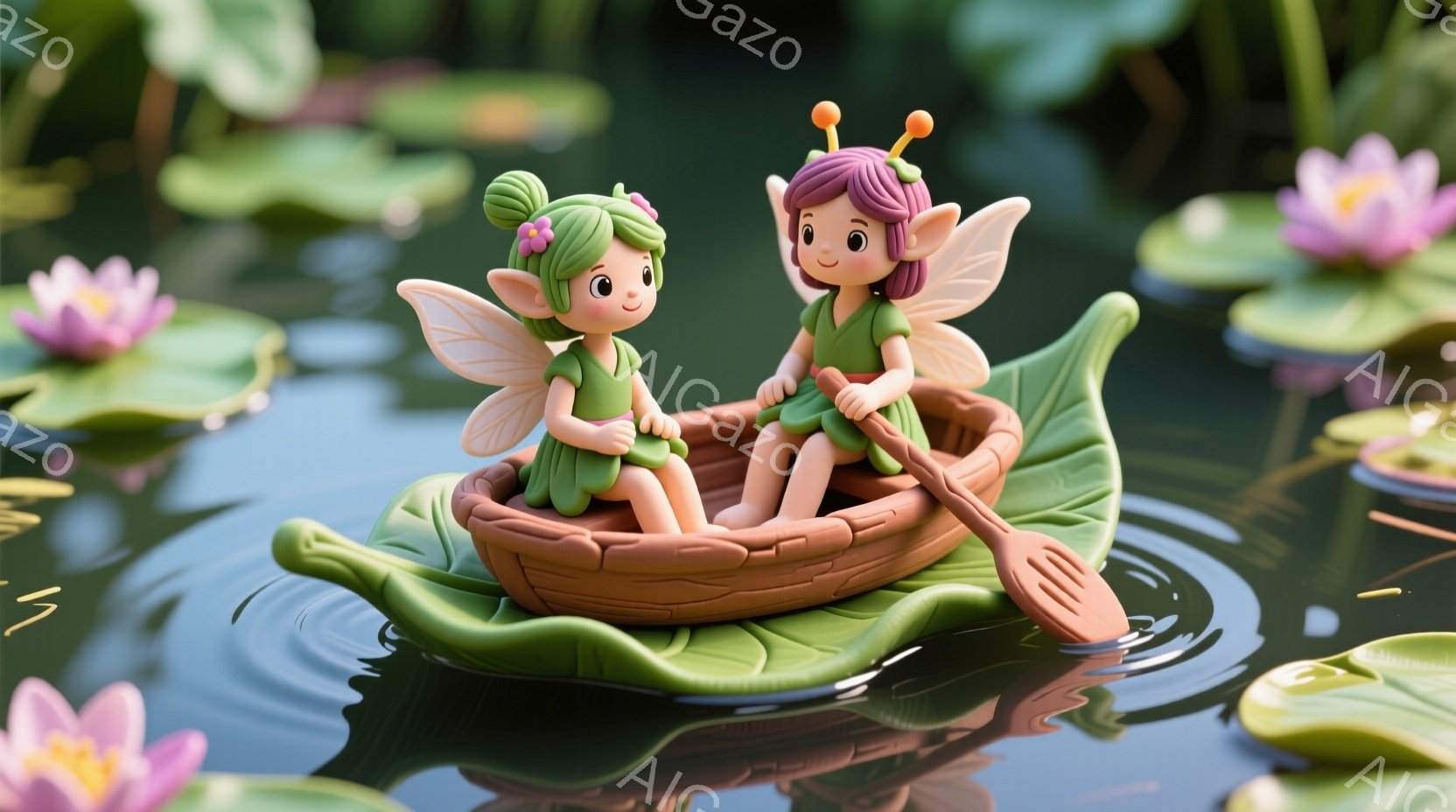 鮮やかな緑色の衣装を身につけた二人の妖精が、蓮の葉で作られた小さなボートに座っています。彼女たちはそれぞれ金髪の巻き毛に、小さな角と羽を持っています。背景にはピンクの蓮の花が咲き乱れ、穏やかな水面が妖 - AI生成フリー素材