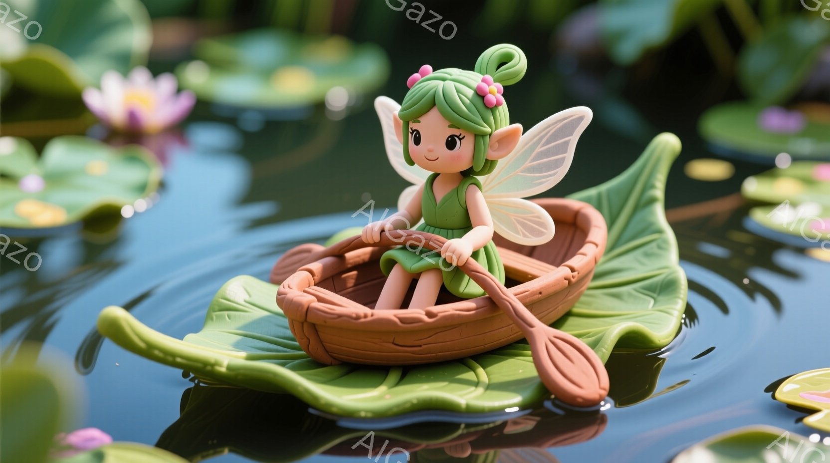 緑色の髪と服を着た小さな妖精が、大きな緑色の葉で作られたボートに乗って水面を滑るように進んでいる。彼女は微笑んでおり、片手で小さなオールを持ち、のどかな水辺の風景の中に、白く繊細な羽が光っている。背景 - AI生成フリー素材