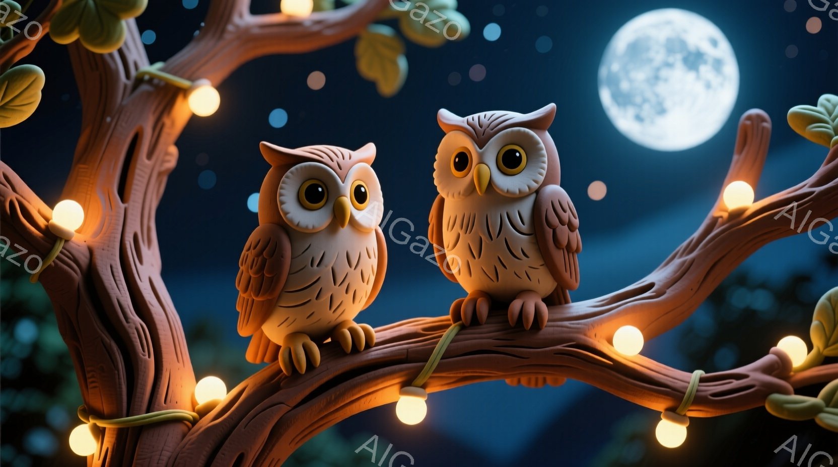 夜の中で木の支幹に座った2つのオウルが、月明かりと電球でよく照らされる樹木の下にある。オウルは職業的な姿勢を保ち、表情は怖いようなものだが、仲間同士の関係と雰囲気は友好的で安心的。