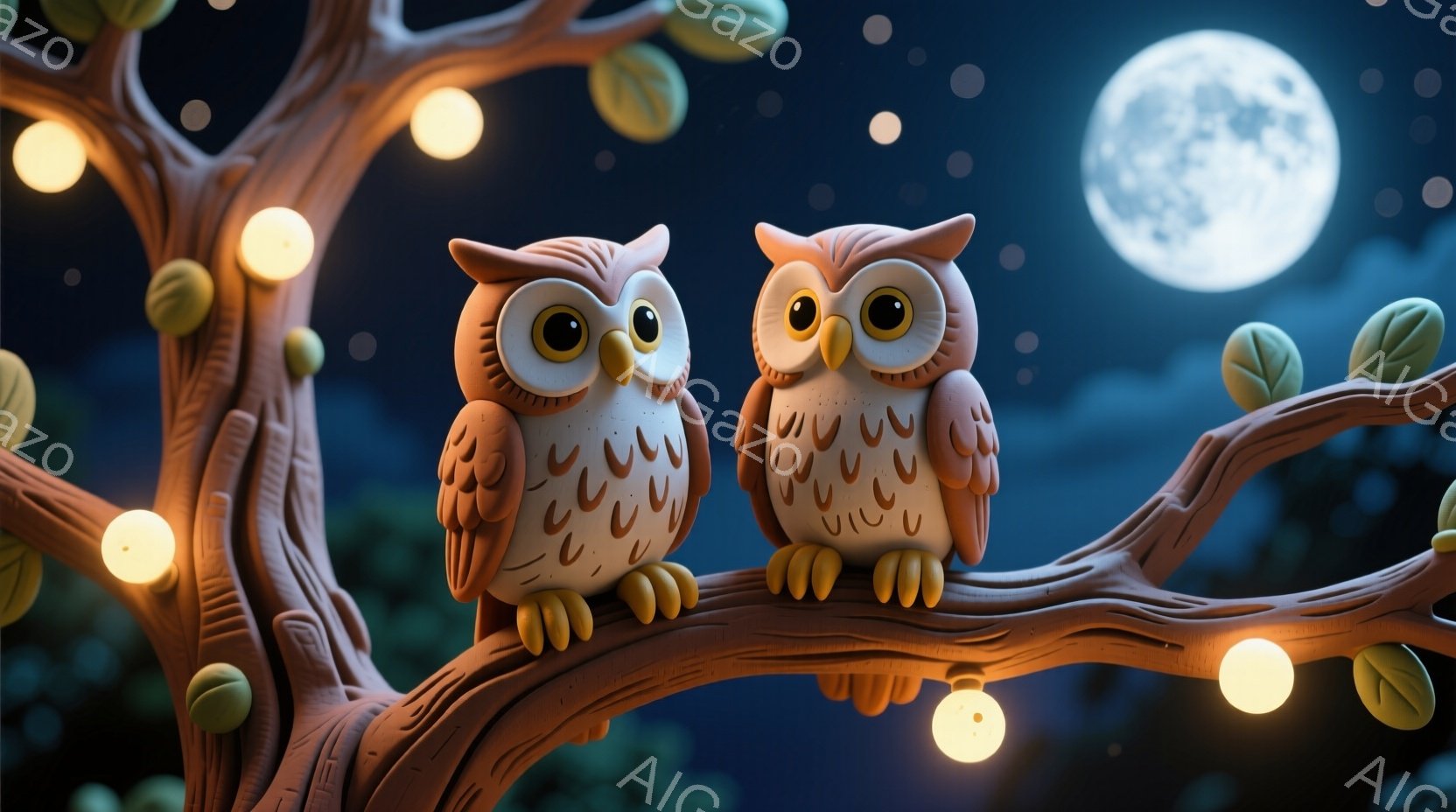 二羽の可愛らしいフクロウが、ねじれた木の枝に並んで座っています。周囲には小さな電球が灯り、夜空には満月が輝いています。全体的に温かく、幻想的な雰囲気が漂い、まるで物語の中のワンシーンのようです。 - AI生成フリー素材