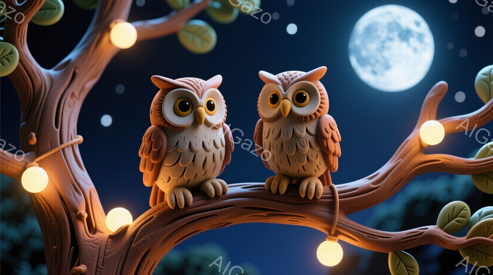 夜空を背景に、木の枝に並んだ二羽の可愛らしいフクロウが描かれています。フクロウたちは茶色と白の暖色系の色合いで、丸い目と少し微笑んだ表情をしています。木の枝には緑色の葉と、温かい光を放つ小さな電球が飾 - AI生成フリー素材