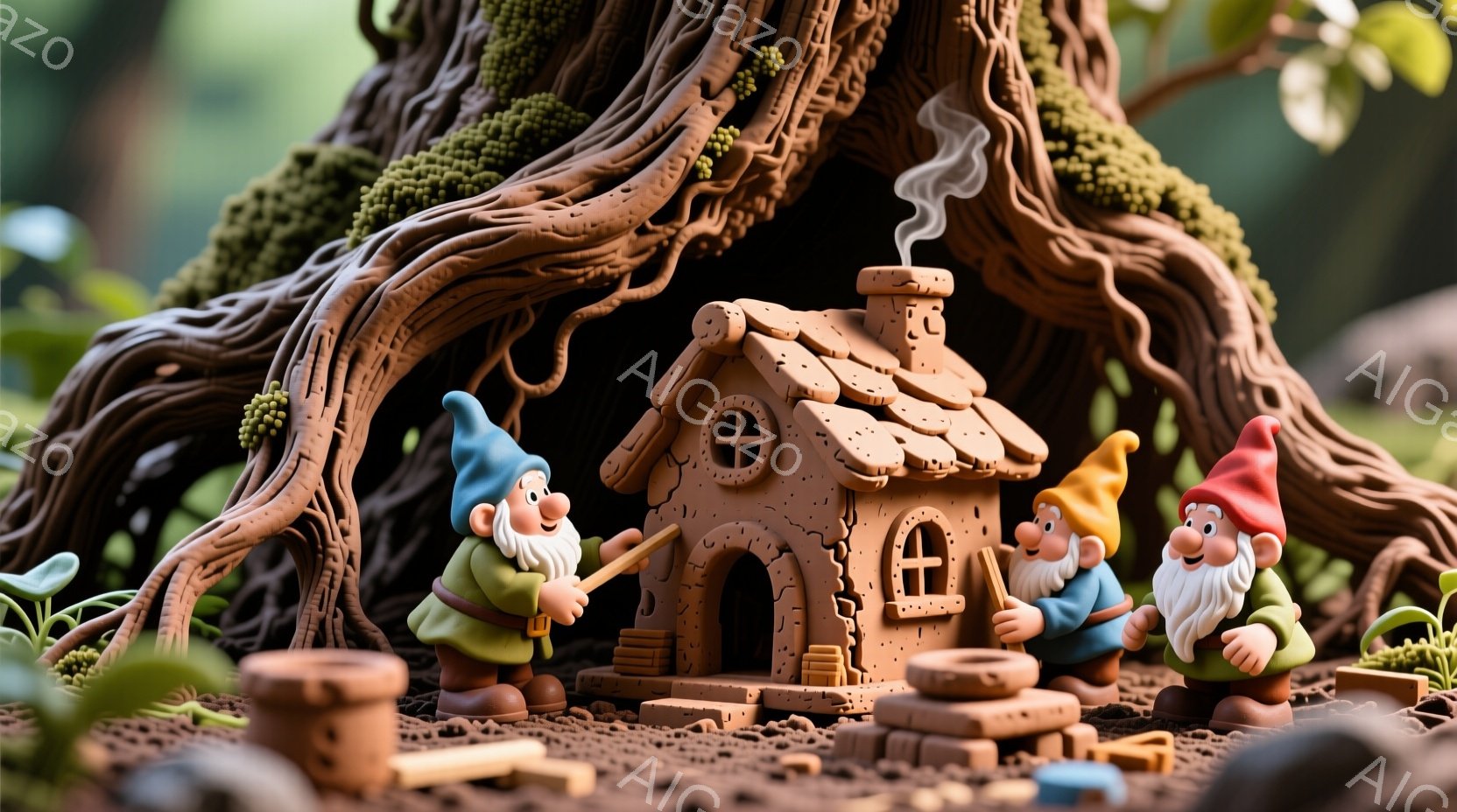 根がむき出しの大きな木の根元に、可愛らしい家が建っています。緑色の服を着た小人たちが、斧を持って薪を割ったり、家を見守るように立っています。背景には緑豊かな植物が生い茂り、暖かく幻想的な雰囲気が漂っています。