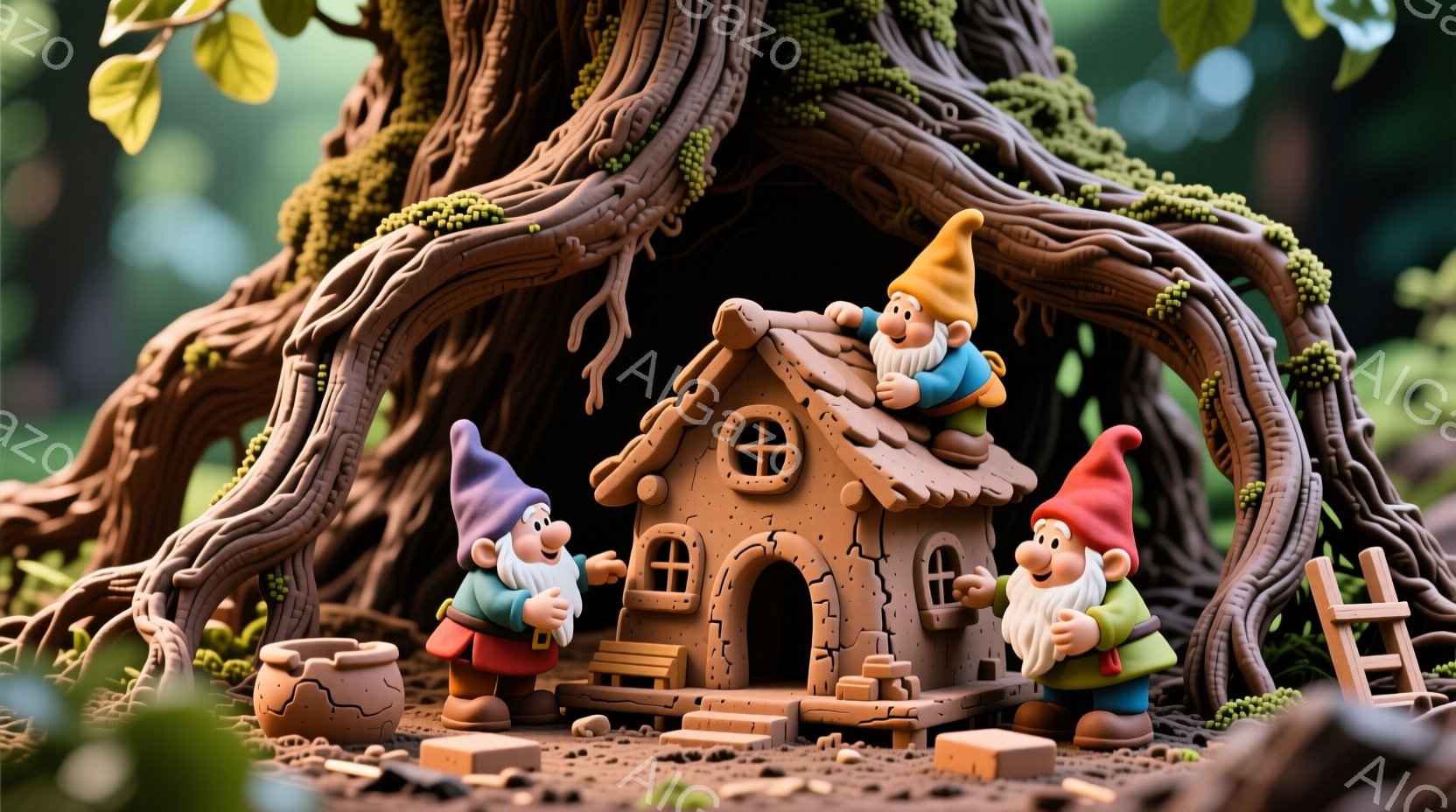 大きな木の根元に建てられた小さな家と、その周りにいる3人の小人が描かれています。小人は皆、尖った帽子を被り、緑色の服と茶色のベルトを着用し、にっこりと微笑んでいます。背景には緑豊かな木々と植物があり、 - AI生成フリー素材