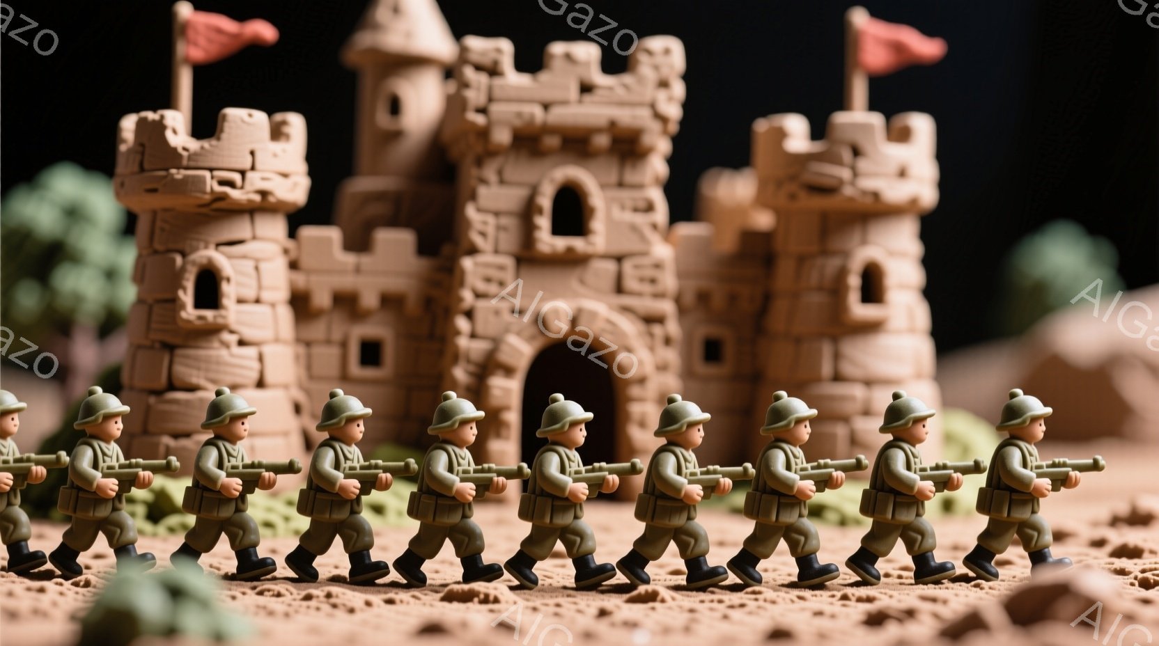 小さな兵士のおもちゃたちが、砂色の城の前に整列して行進している様子が描かれている。彼らは皆、緑色の制服とヘルメットを着用し、同じ姿勢で銃を構えている。背景は砂色の地形で、城は素朴なデザインで、まるで子供が砂で作ったお城のようだ。