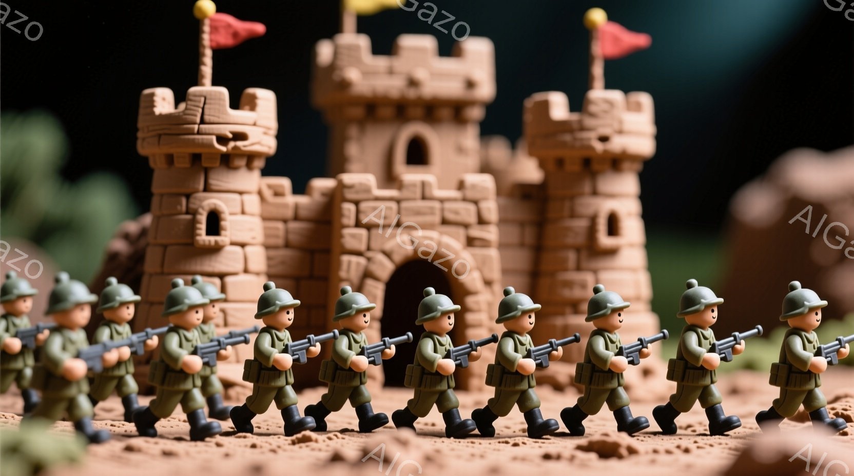 プラスチックの人形を使った、模型のような場面を表す画像です。主要な目立つ要素は、軍隊の兵士が木製の砦に向かって進んでいるという構成です。彼らは正式な軍服を着用しており、銃を持っています。砦の外には赤と黄色のフランスの国旗が立っていることから、戦争や占領のシーンを想像できます。構成により、古典的なテーマと現代的な戦争のイメージが組み合わさったように見えます。