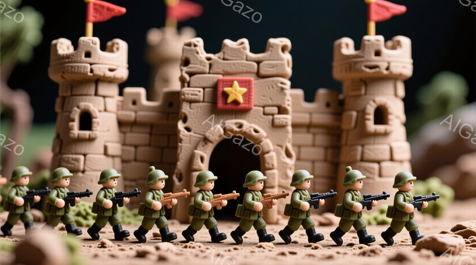 兵士のおもちゃが列をなして、土で作られた城の入り口に向かって行進している。彼らは緑色のヘルメットと制服を着ており、一列に並んで武器を構えている。背景には土で作られた岩や砂地が見え、全体的に素朴で子供らしい雰囲気である。