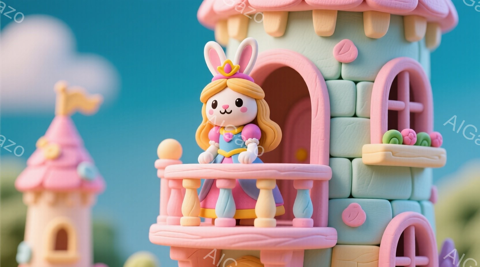 柔らかいパステルカラーで表現された可愛らしいお城の塔に、金髪で三つ編みのお姫様が立っています。ピンクと紫色のドレスを着て、穏やかな微笑みを浮かべており、お城のバルコニーから外を見下ろしているようです。 - AI生成フリー素材