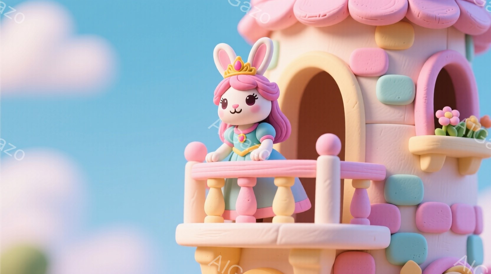 ピンク色の塔のような建物に、可愛らしいウサギの女の子が立っています。彼女は金色の王冠を被り、ピンク色のドレスを着ており、明るい笑顔を浮かべています。背景には青空とふわふわとした雲が広がり、全体的に夢のような、甘くて優しい雰囲気が漂っています。