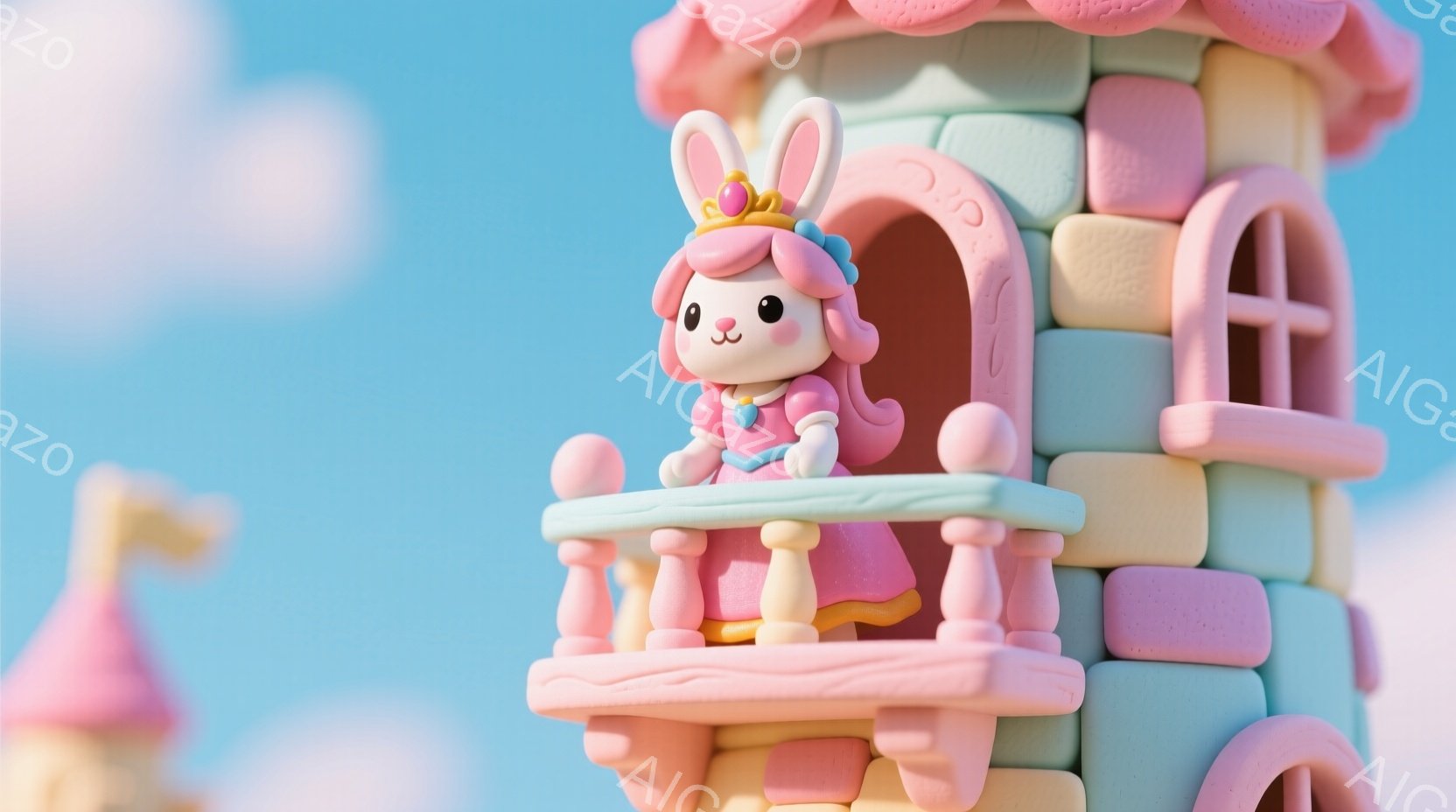 ピンクと水色のパステルカラーで構成された、おとぎ話のような可愛らしい世界が描かれています。ウサギの女の子がピンクのドレスとティアラを身につけ、バルコニーで穏やかな表情で立っています。背景にはパステルカ - AI生成フリー素材
