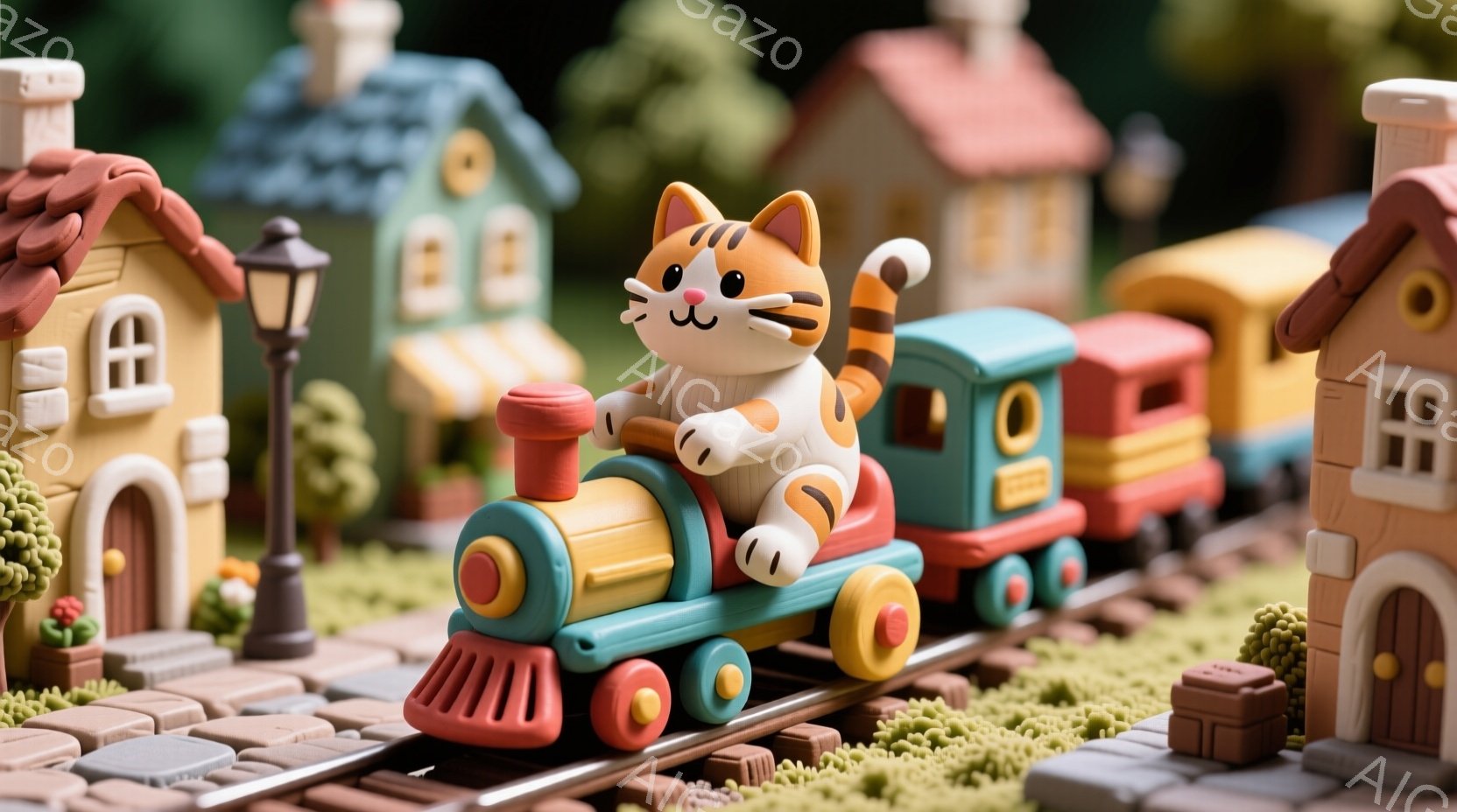鮮やかな色の粘土で作られた、猫が運転するおもちゃの汽車が写っています。猫は笑顔で運転席に座り、汽車は緑色の芝生の上を走る線路の上を走っています。背景にはカラフルな粘土で作られた小さな家々が並び、おとぎ話のような温かく楽しい雰囲気が漂っています。
