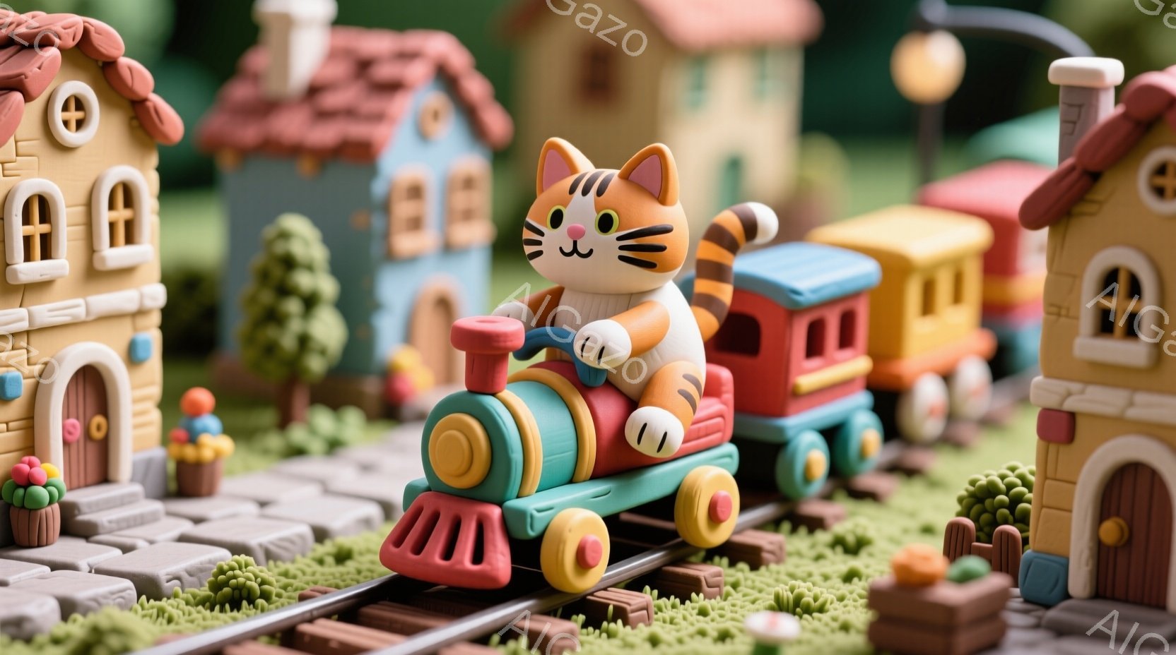 カラフルな粘土で作られた鉄道が、緑色の芝生の上を走っている。機関車の運転手は、笑顔で赤いバンダナを巻いたオレンジ色の猫で、とても楽しそうに見える。背景には、かわいらしい家々が並び、まるで子供の想像力が形になったような、温かく幸せな雰囲気を感じさせる。