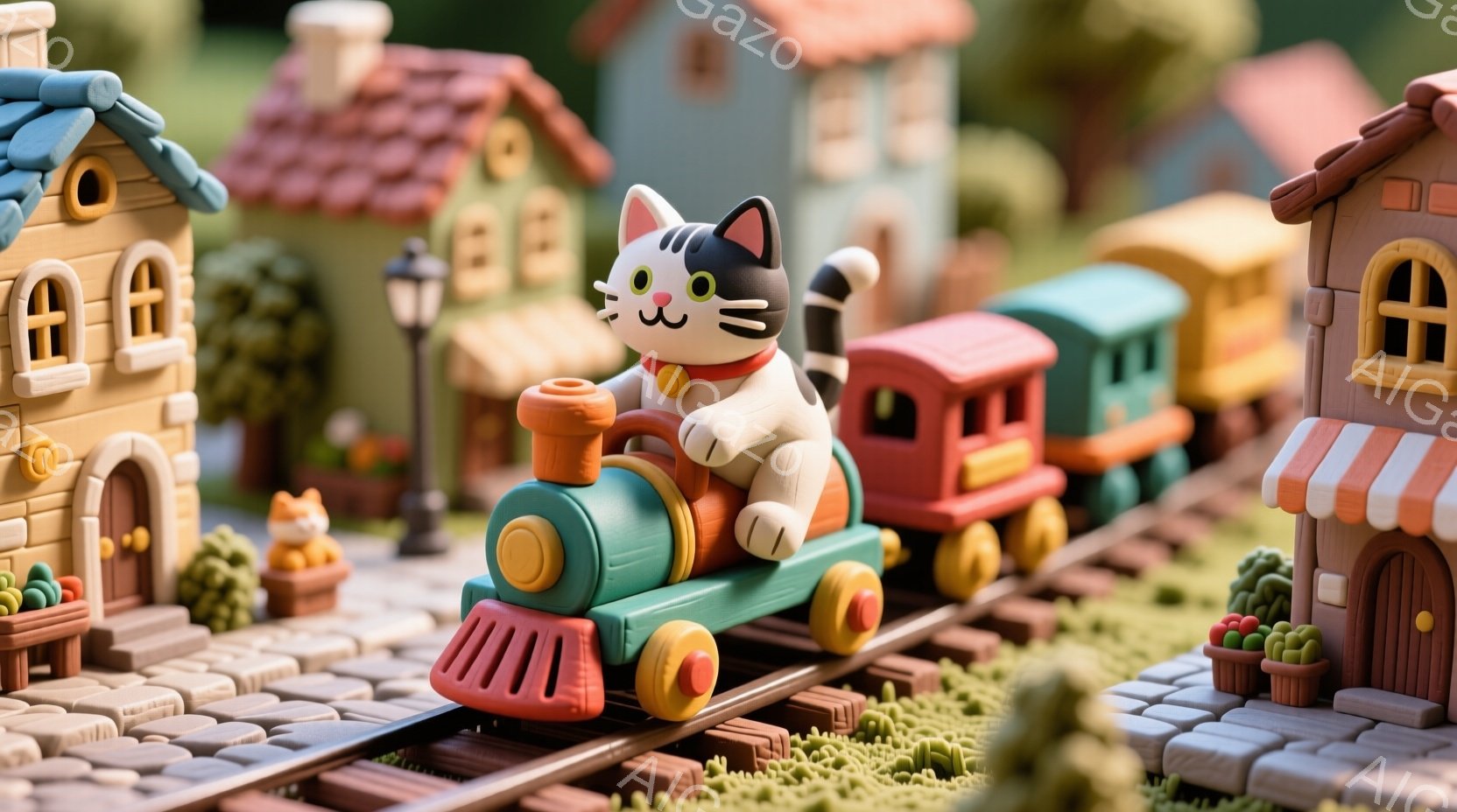 カラフルな粘土で作られたような、可愛らしい世界が広がっています。緑色の機関車に白い猫が乗っており、嬉しそうに手を振っています。背景には、パステルカラーの家々が並び、緑の芝生と小さな植木鉢が可愛らしい雰囲気を演出しています。