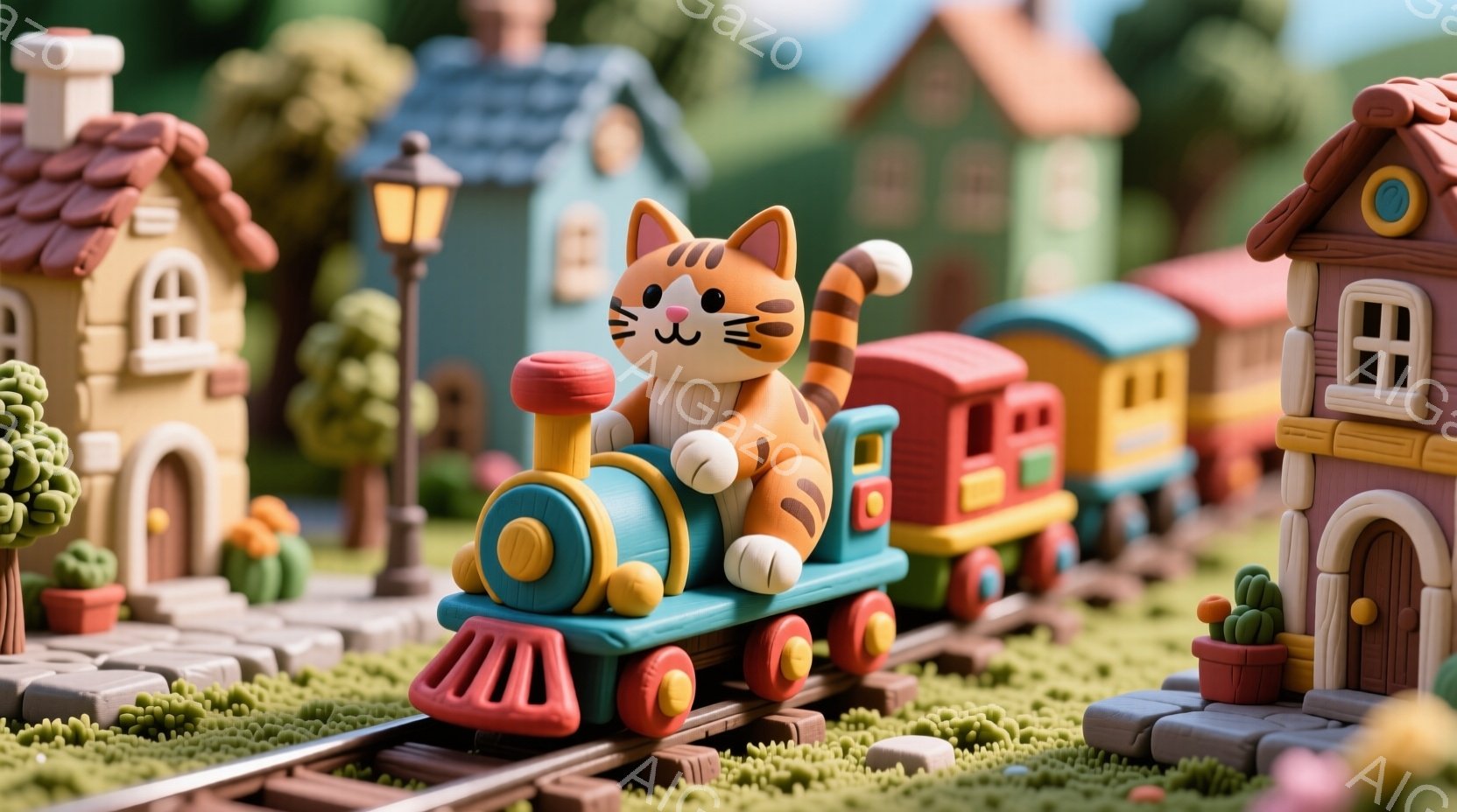 カラフルな粘土で作られた列車が、可愛らしい町並みを走っている様子が描かれています。列車の先頭には、オレンジ色の縞模様の猫が運転手として座っており、満面の笑みを浮かべています。背景には、カラフルな家々や緑の芝生、サボテンなどが配置され、明るく楽しい雰囲気が漂っています。