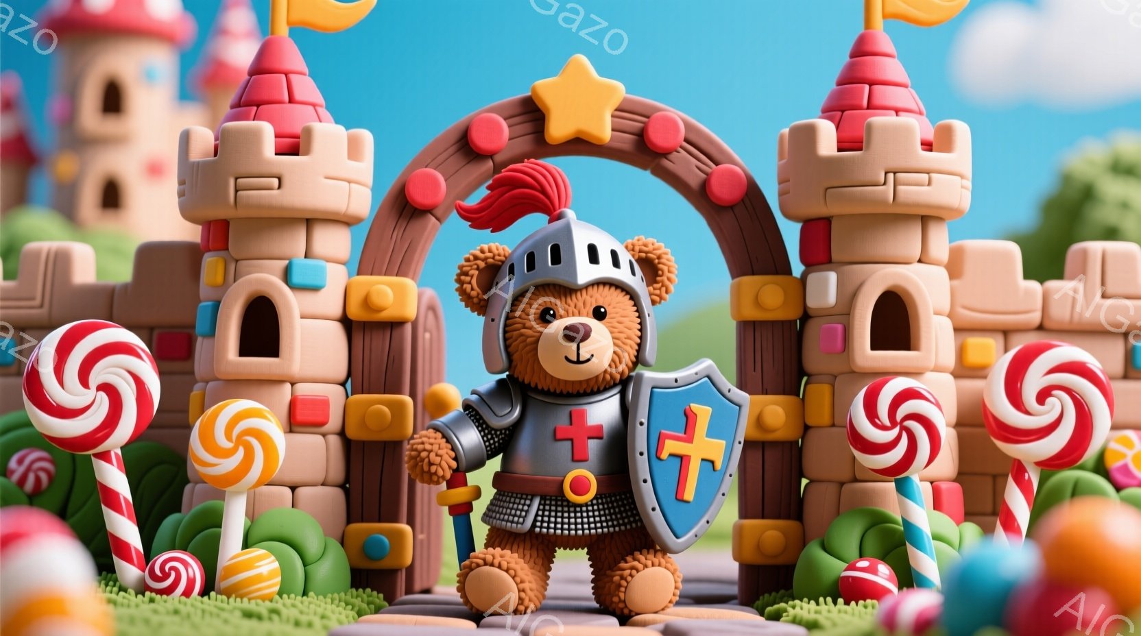 テディベアが戦士の姿で、石の城をバックにして勇敢なポーズをとっている。それは、甘い紅茶カレーフラペチーノが覆われたキャンディ城だ。