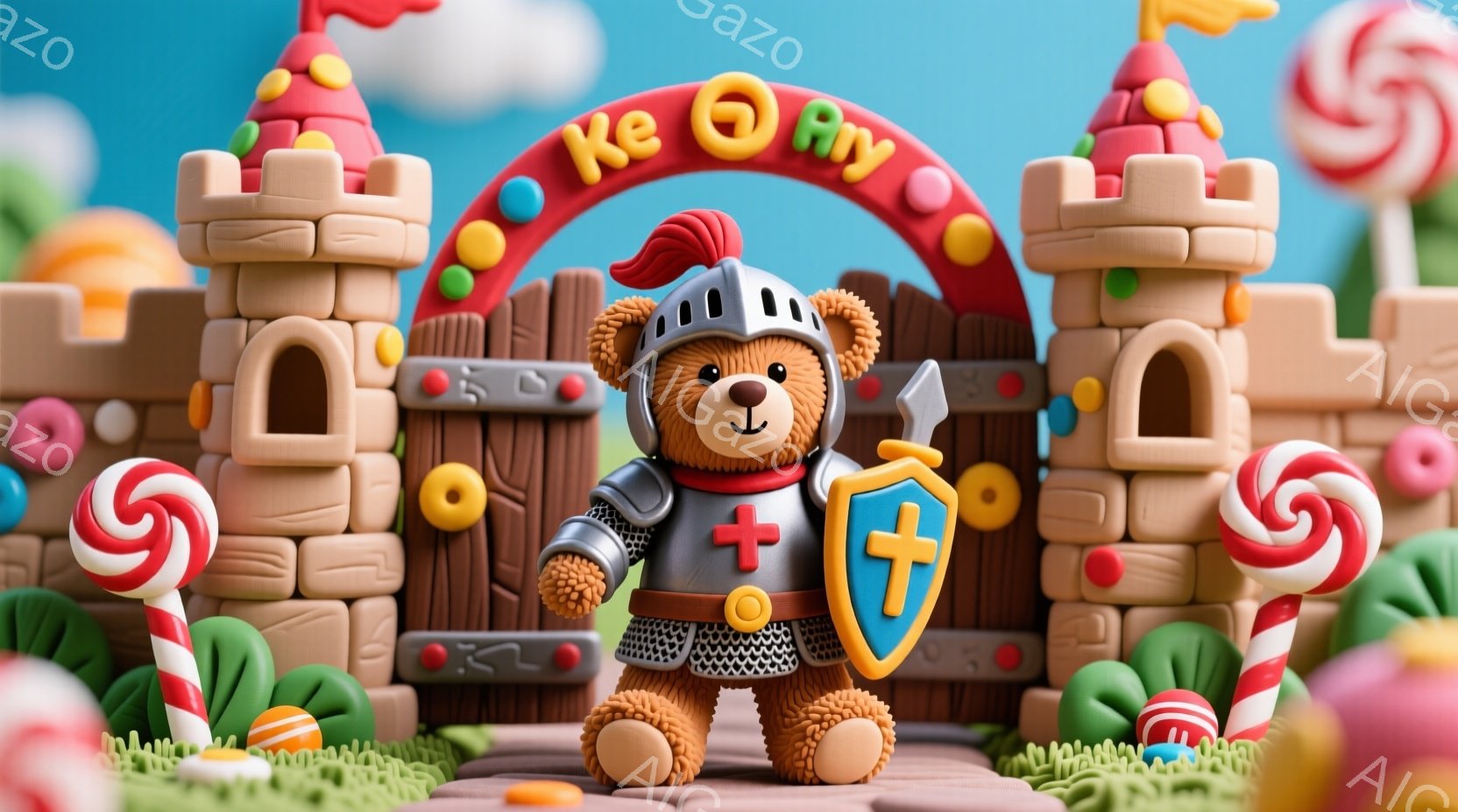 ぬいぐるみで作られた騎士のクマが、お菓子の国への入り口で堂々と立っている。クマは金属製の鎧と盾を身につけ、少し微笑んでいるように見える。背景には、キャンディーやクッキーでできた塔と、緑色の芝生が広がっており、夢のようなお菓子の世界を表現している。