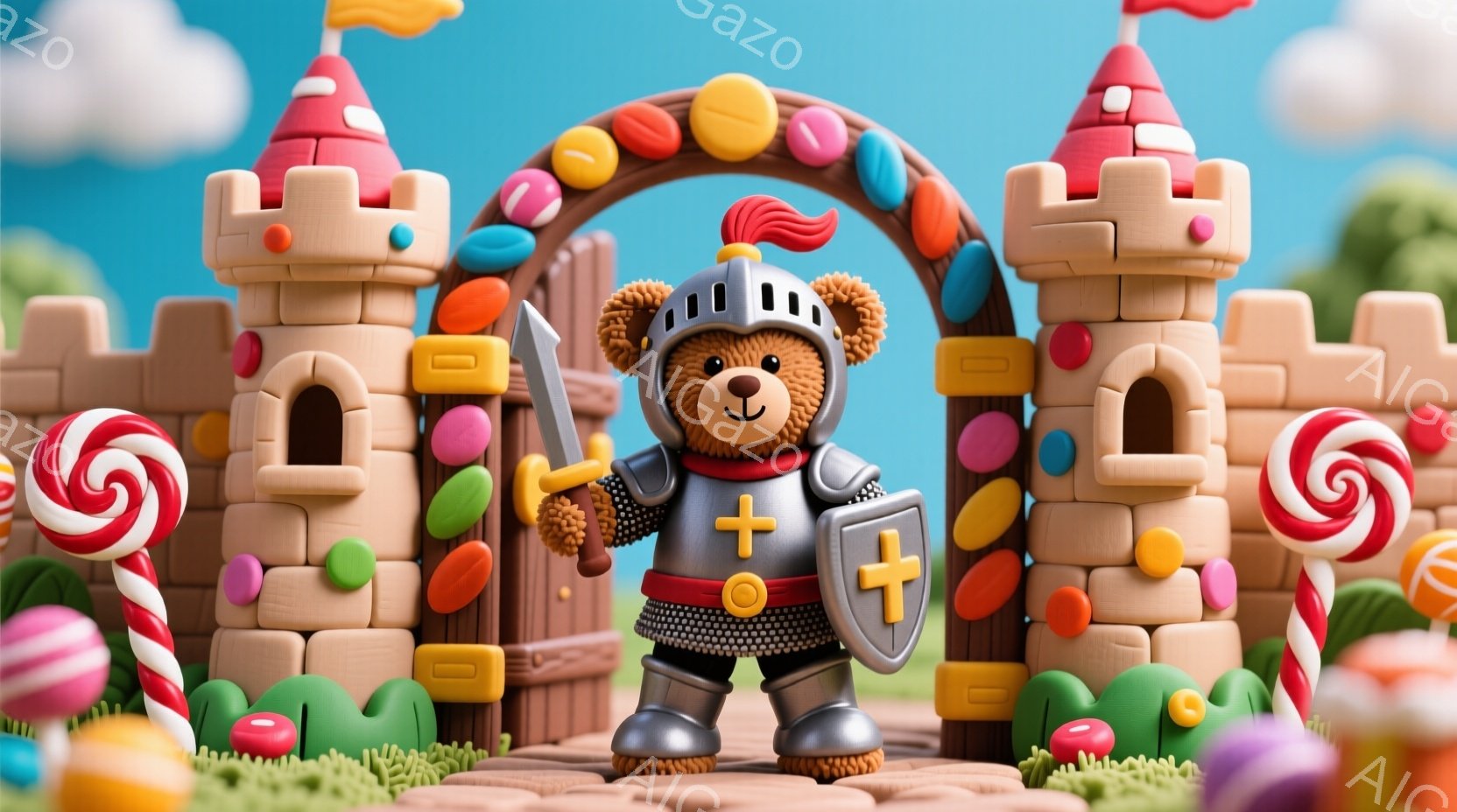 ぬいぐるみで作られた勇敢な騎士のクマが、お菓子のアーチの前に立っています。クマは銀色の鎧と盾を身につけ、剣を構え、自信に満ちた表情をしています。背景には、キャンディで飾られたお城と、緑色の草が生い茂る道があり、まるで夢のようなお菓子の国のような雰囲気です。
