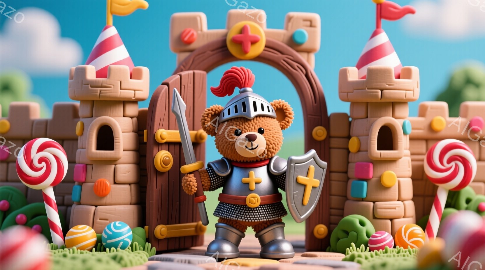 中心に立つ戦士のような着ぐるみを着たチビットが、小さな石塔や破れた壁に囲まれた入り口に面している。チビットは片手に剣を持ち、もう片手には盾を提げて守護の姿勢をとっている。 背景には、晴れた空と落葉した木があり、さらに壁隅にはコーンキャンディが盛り立てられている。少年が戦士になりたいという憧れを表現したものであり、童趣味や児童文化の要素が詰まったような雰囲気を持っている。