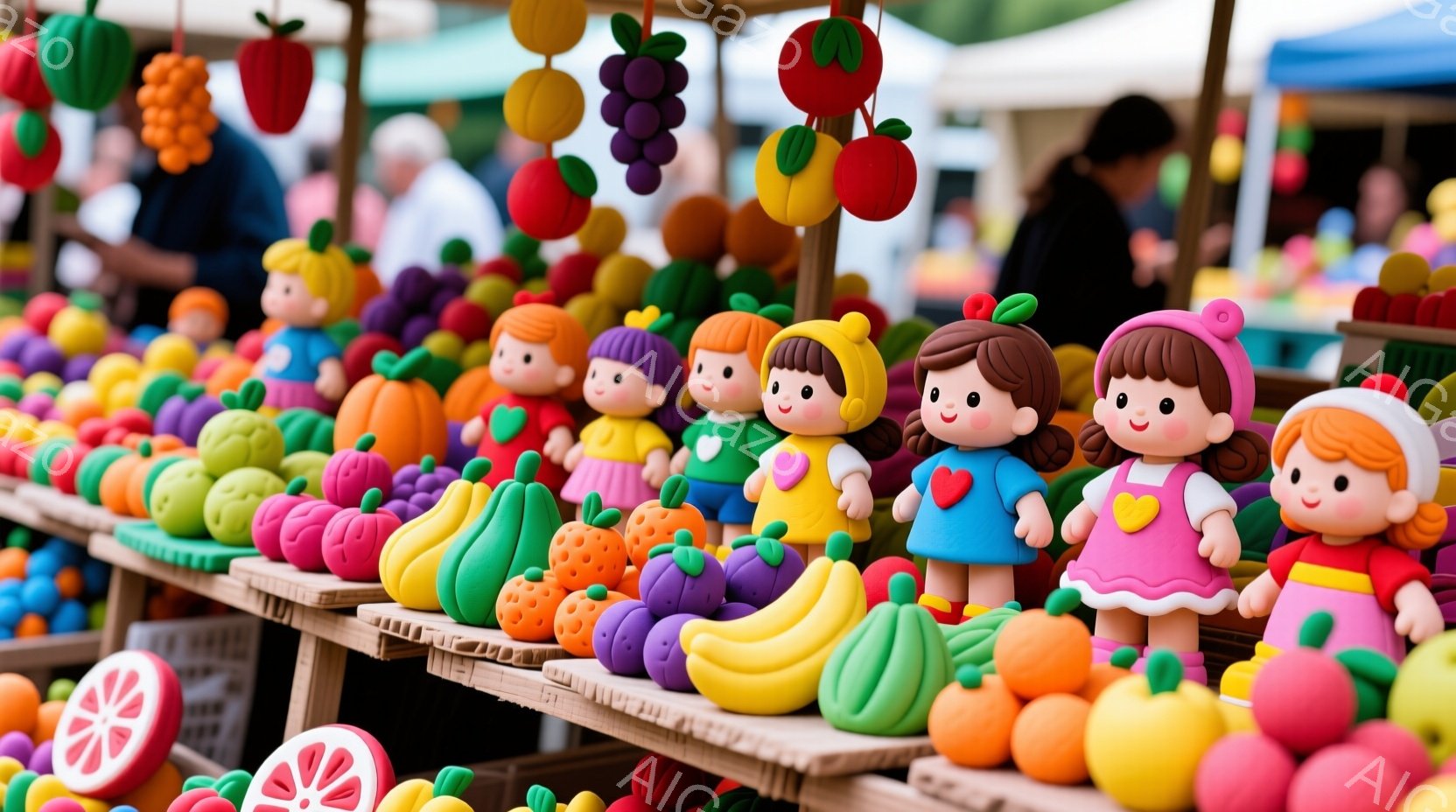 色とりどりの果物がたくさん並べられた屋台の様子で、その上に可愛らしい人形がずらりと並んでいます。人形たちはそれぞれ異なる色の服を着ており、髪型もバラエティ豊かで、表情は皆微笑んでいます。背景には他の屋台や人々が見え、活気のある市場の雰囲気が伝わってきます。