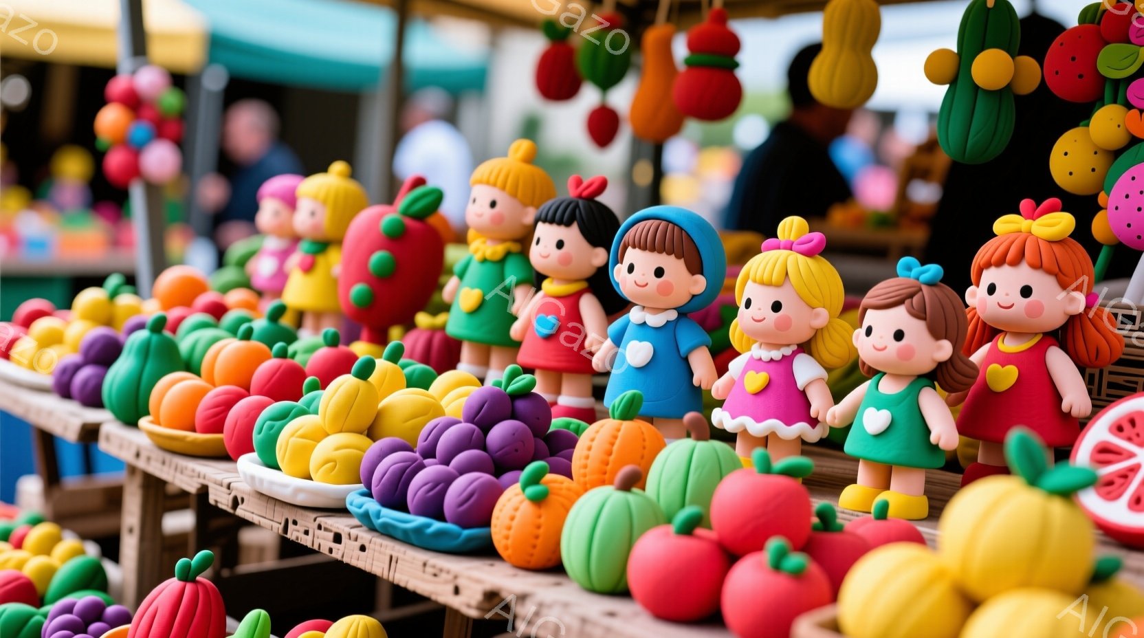 色とりどりの果物と、可愛らしい人形たちが並べられています。人形たちはそれぞれ異なる色の服を着ており、髪型も異なり、明るい笑顔を浮かべています。背景には、市場のような屋根が見え、多くの果物や野菜が積み上 - AI生成フリー素材